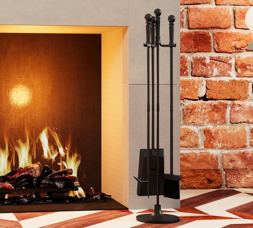 Fire Beauty Fireplace Tools Set 4 Pieces Black Wrought Iron Fire Tool Set for Outdoor/Indoor Include Poker, Shovel, Brush and Stand Accessories Set