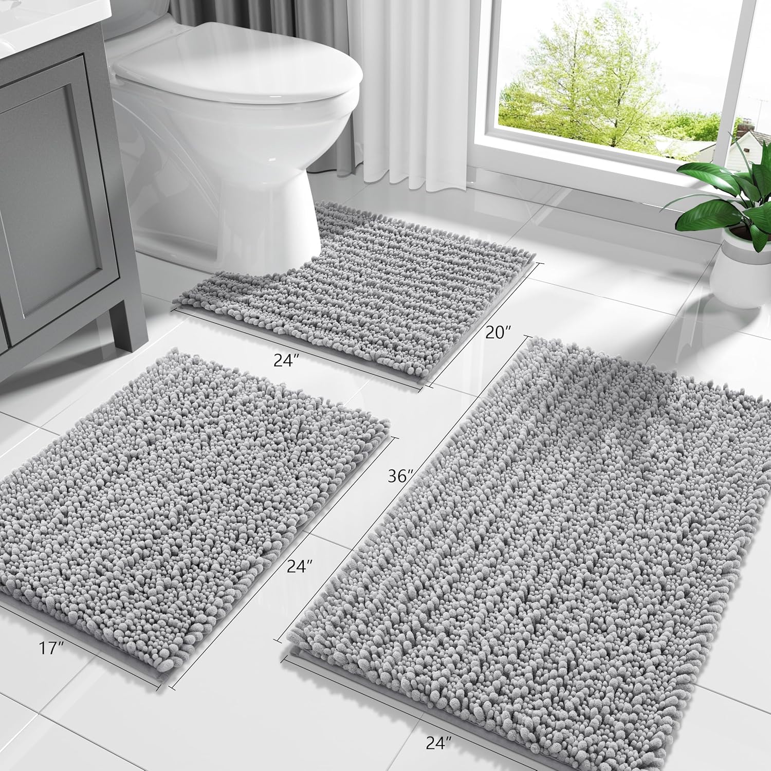 Yimobra Non-Slip Bathroom Rug - Ultra Soft Chenille Bath Mat, Quick Dry Shaggy Carpet, Gray | 24x17 Inch