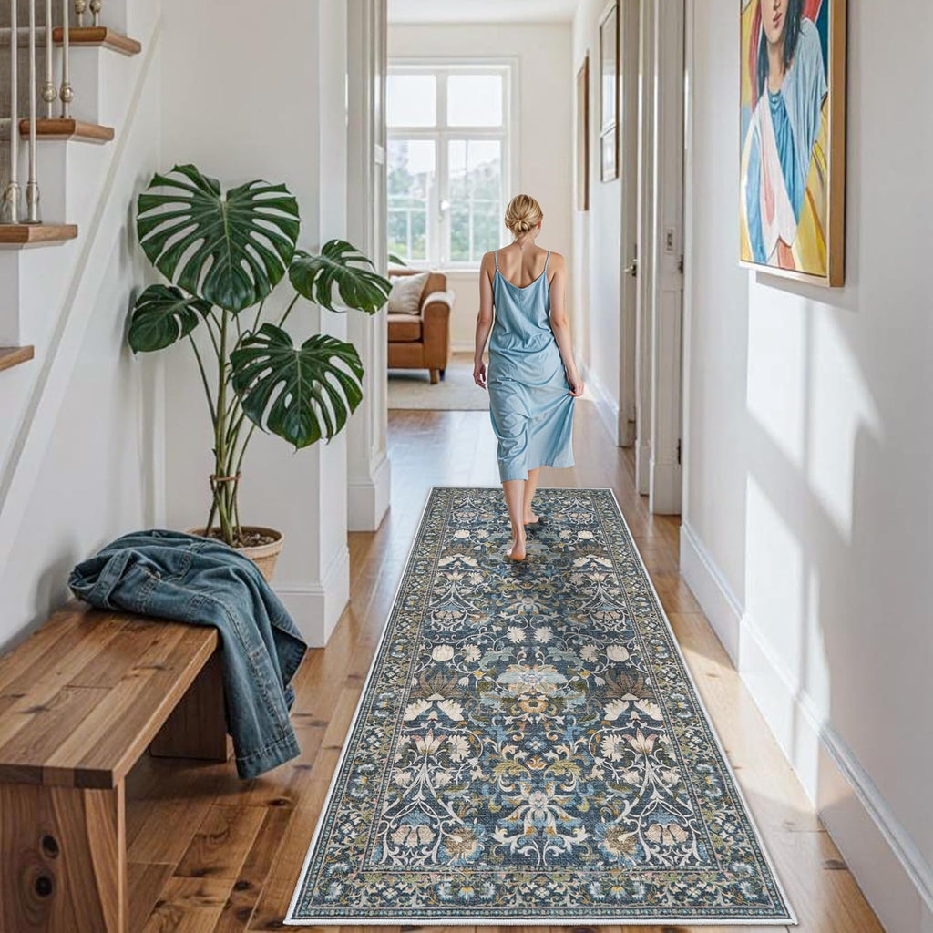 Skiennix Vintage Washable Entryway Area Rug - Soft Non-Slip Kitchen Runner Mat | 3x6 Floral/Blue Design