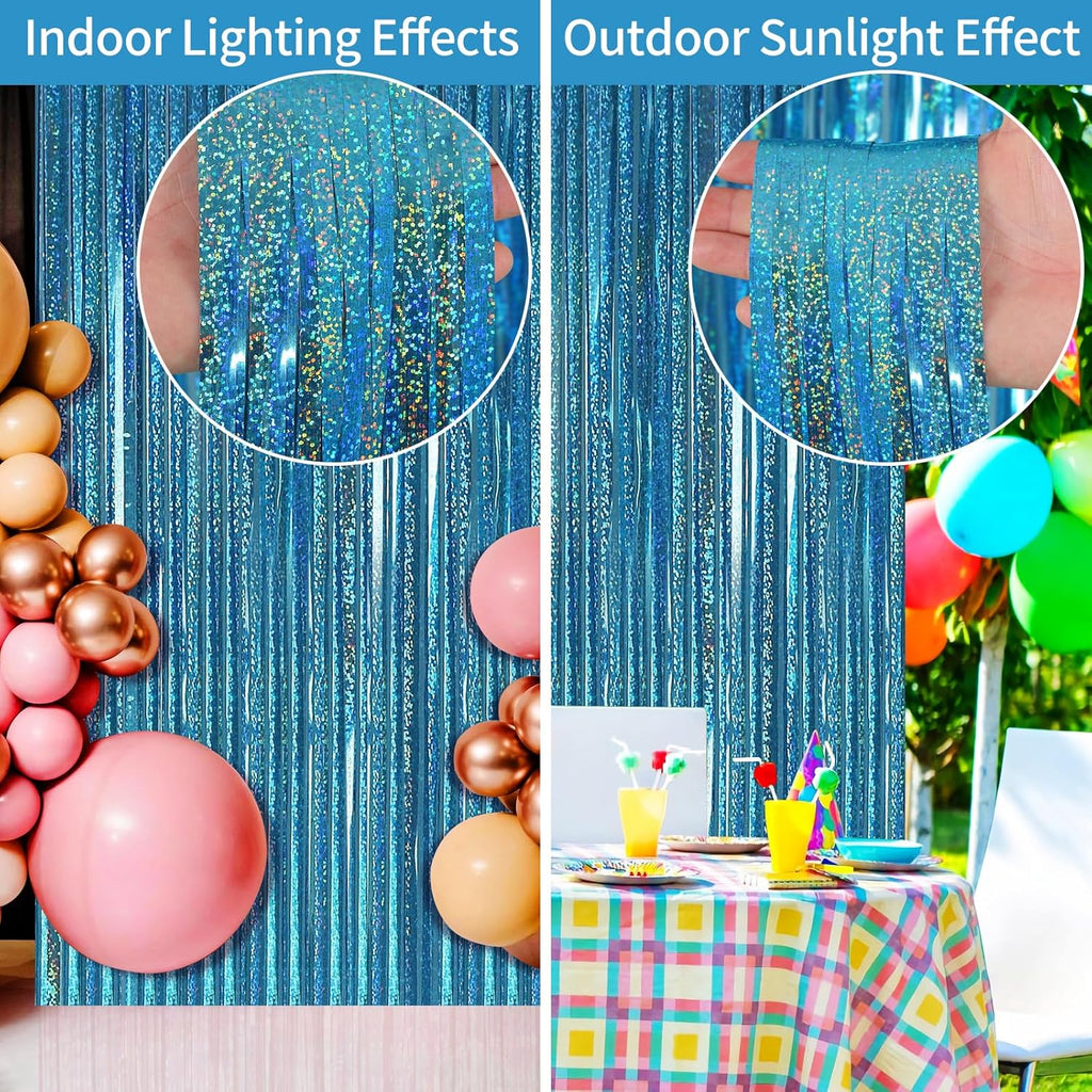 Picoway Blue Laser Foil Fringe Tinsel Backdrop Curtains - 4 Pack Ocean Themed Party Decor | Perfect for Birthdays, Engagements, and Showers