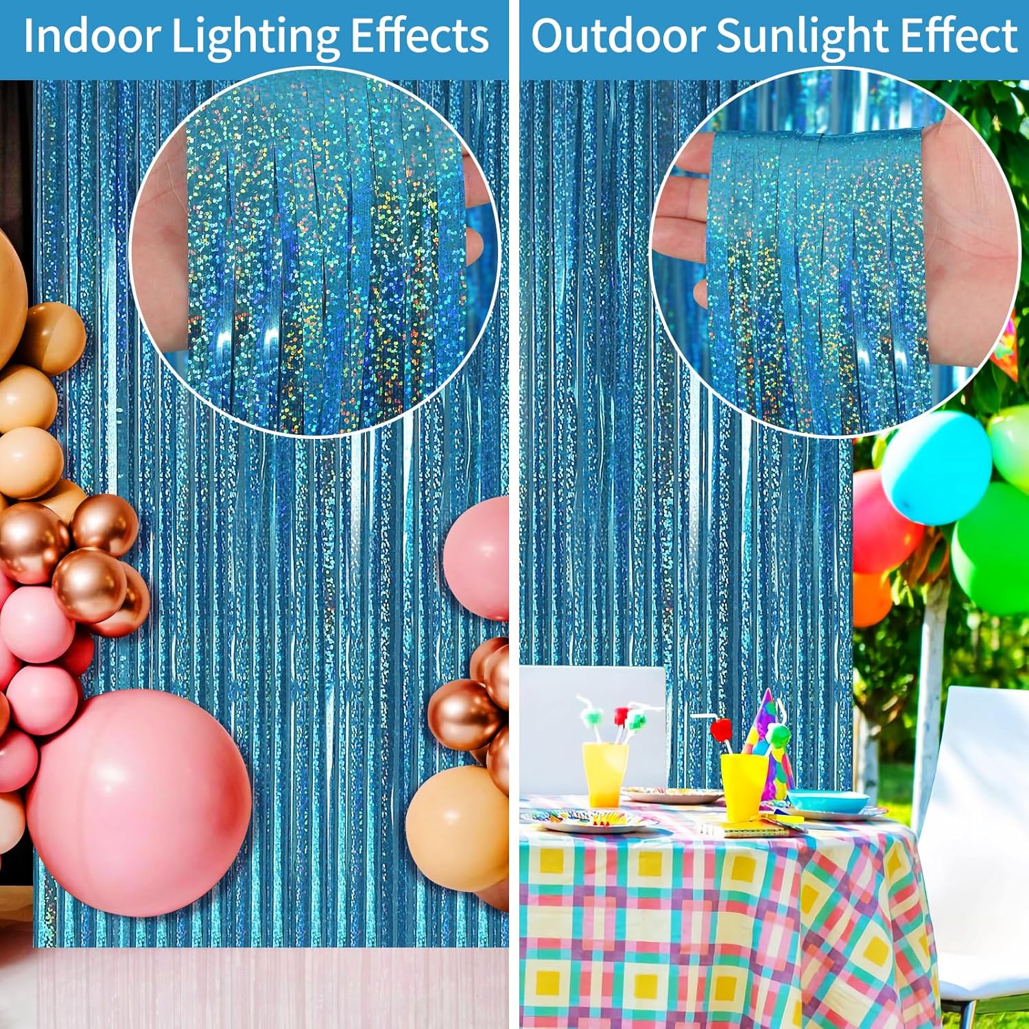 Picoway Blue Laser Foil Fringe Tinsel Backdrop Curtains - 4 Pack Ocean Themed Party Decor | Perfect for Birthdays, Engagements, and Showers