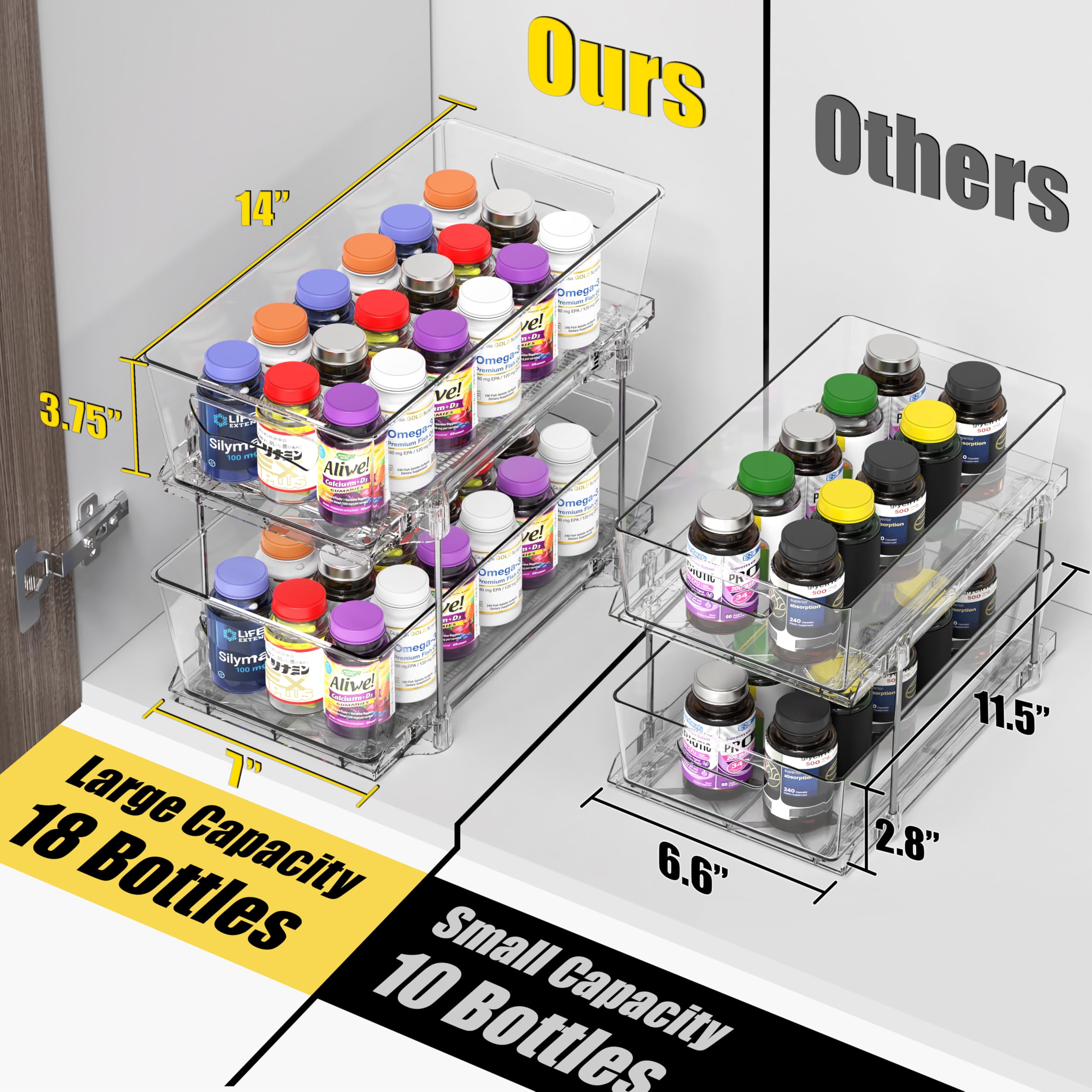 Simple Houseware 2 Tier Basket Drawer Cabinet Pull-Out Organizer, 2 Pack, Clear
