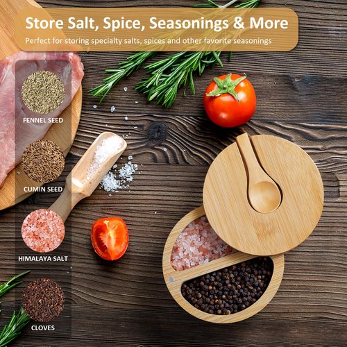 OUTNILI 2-Compartment Salt Box with Lid and Spoon, Bamboo Salt Cellar with Swivel Lid, Salt and Pepper Bowls for Salt & Spices, Dual 6 oz Salt Container