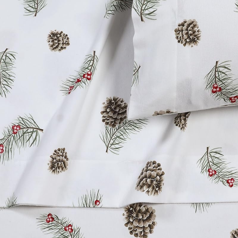 Pillowcase Set - Pine Cones and Berries, King 2-Pack, 100% Cotton Flannel, 170-GSM, Envelope Closure