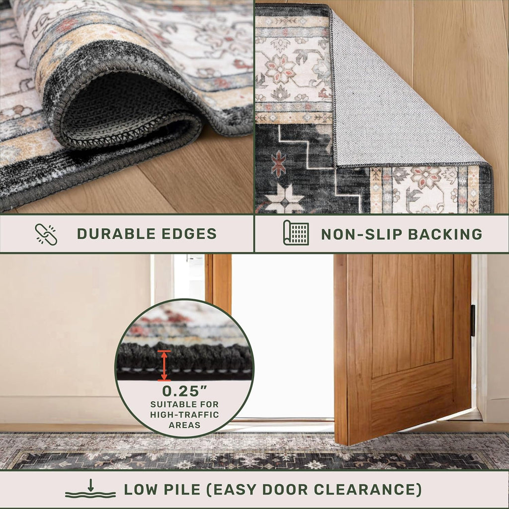 Skiennix Black Farmhouse Area Rug - Washable 8x10 for Living Room, Bedroom & Dining Room | Stain Resistant Non-Slip