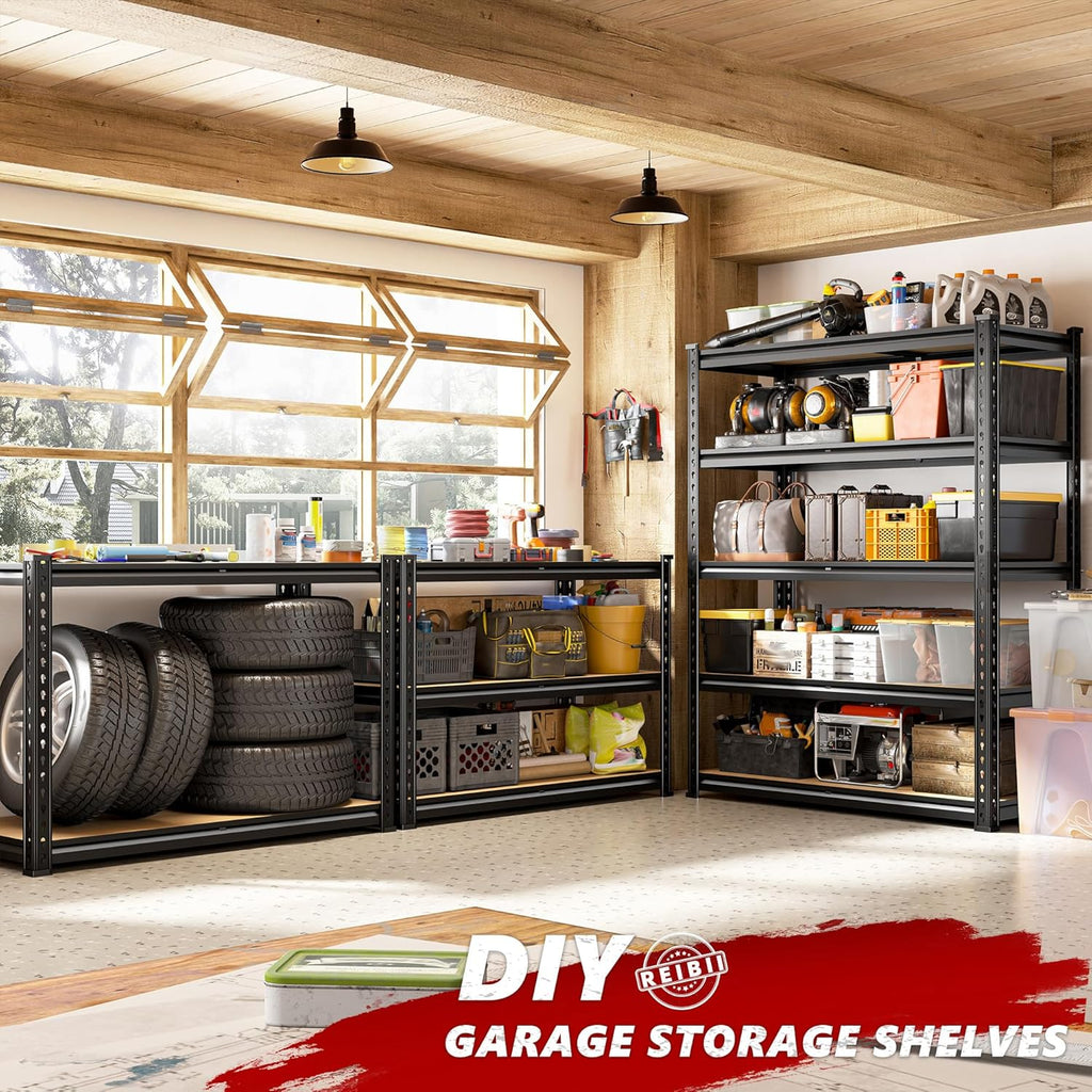 REIBII 5-Tier Heavy Duty Storage Shelves - Adjustable Utility Rack for Garage & Pantry | 35.5" W x 11.9" D x 72" H, Black