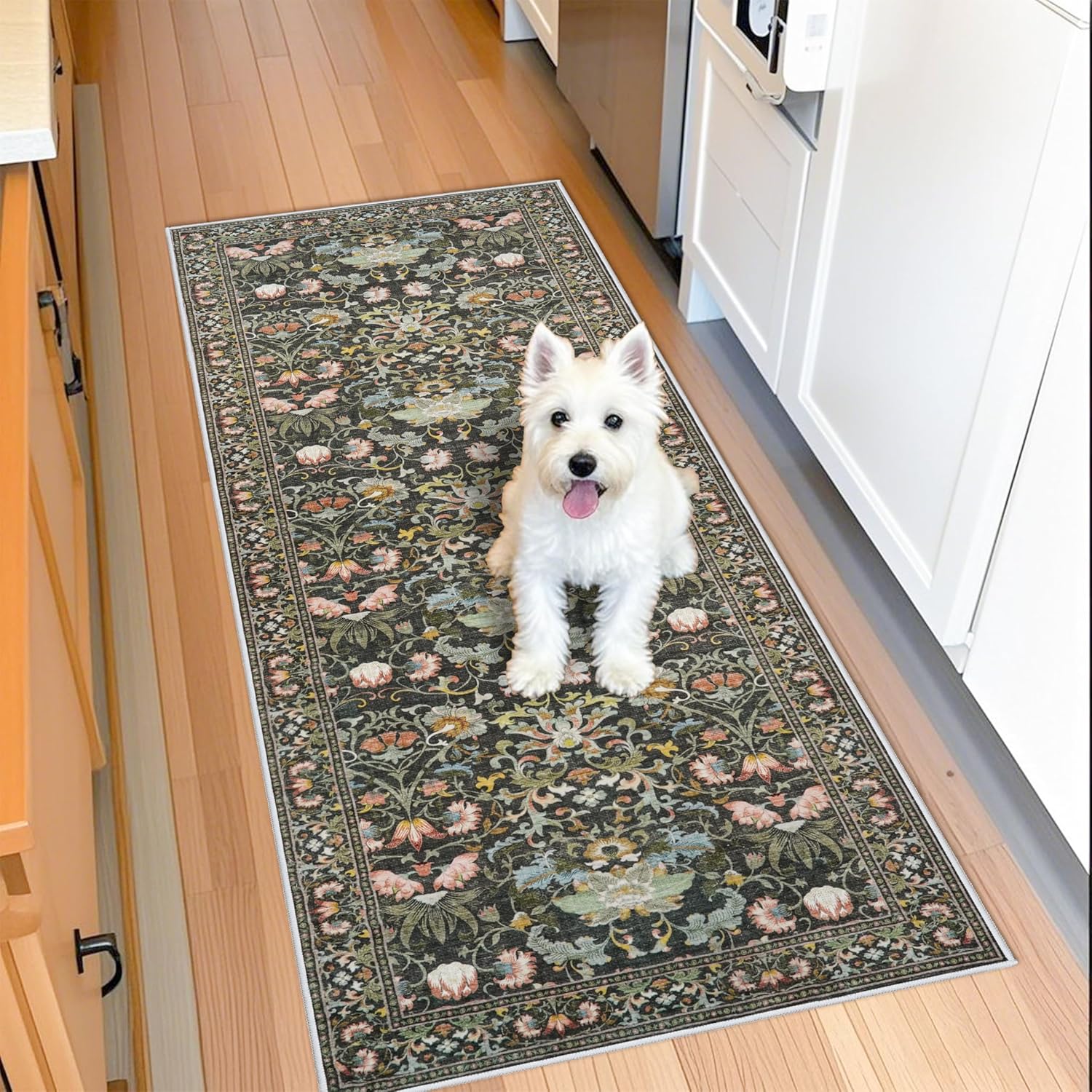 **Regine Switzerland Washable Runner Rug - Oriental Floral Design, Stain Resistant | 2x5 Green for Entryway & Kitchen**