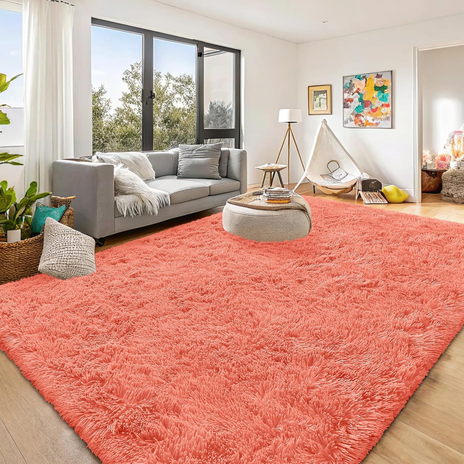 OLANLY Large Area Rug - Soft Fluffy Shaggy Carpet for Living Room & Bedroom | 9x12 Coral Red