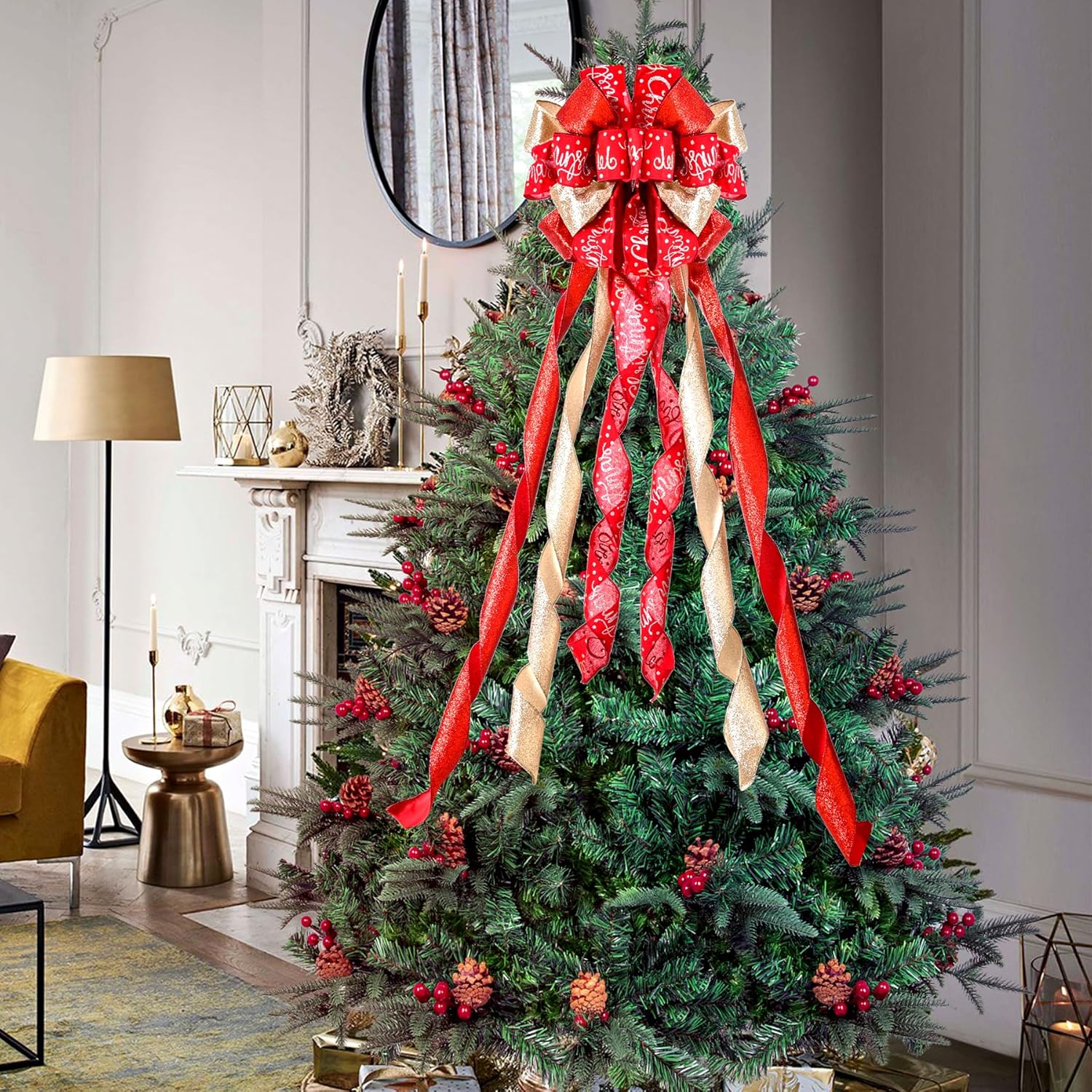 Regine Switzerland Christmas Tree Topper - Large 45"x12" Rustic Red Bow with Letter Pattern for Holiday Decor