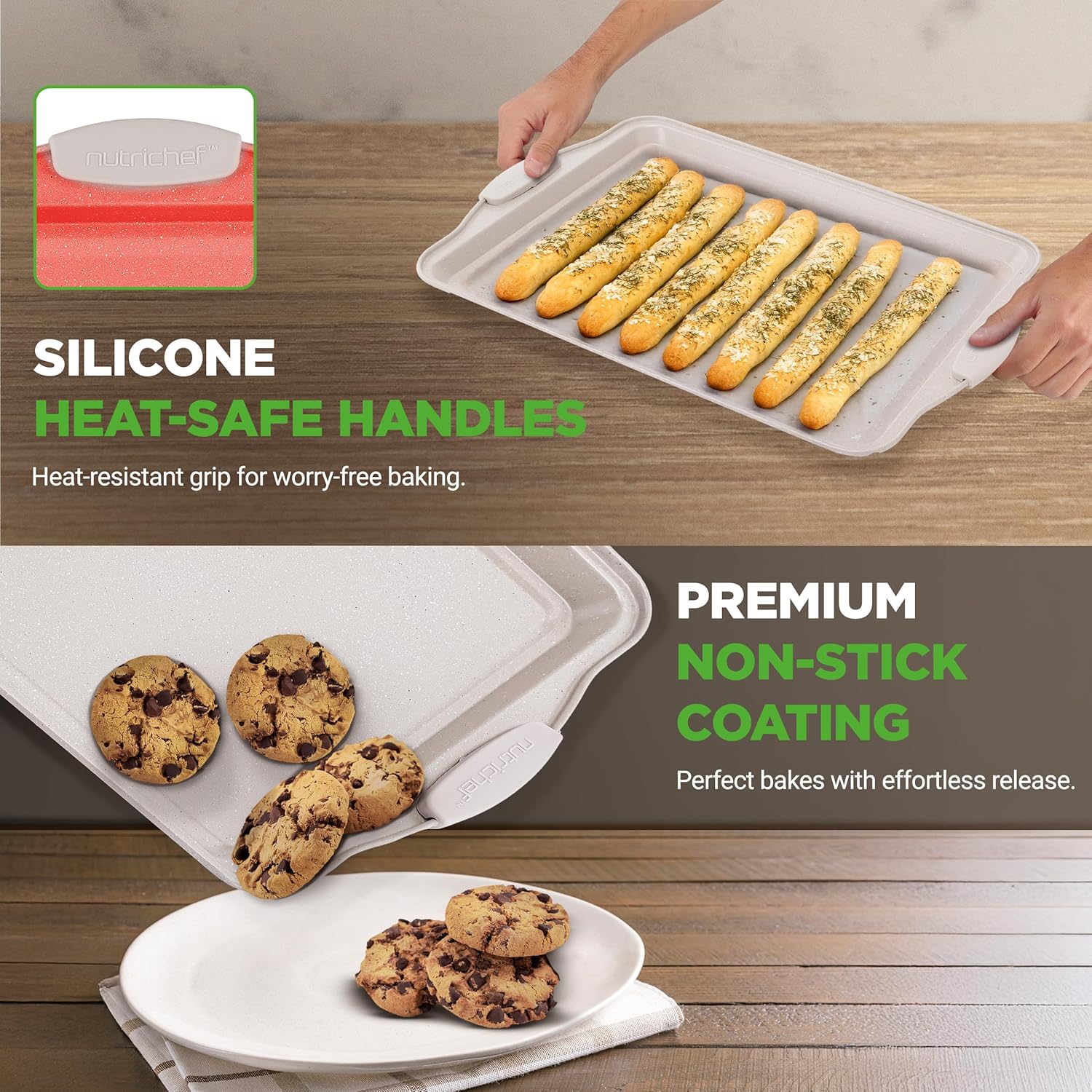 NutriChef Nonstick Cookie Sheets - Premium Carbon Steel Baking Pans with Silicone Handles | Easy Clean, Cream Marble Finish