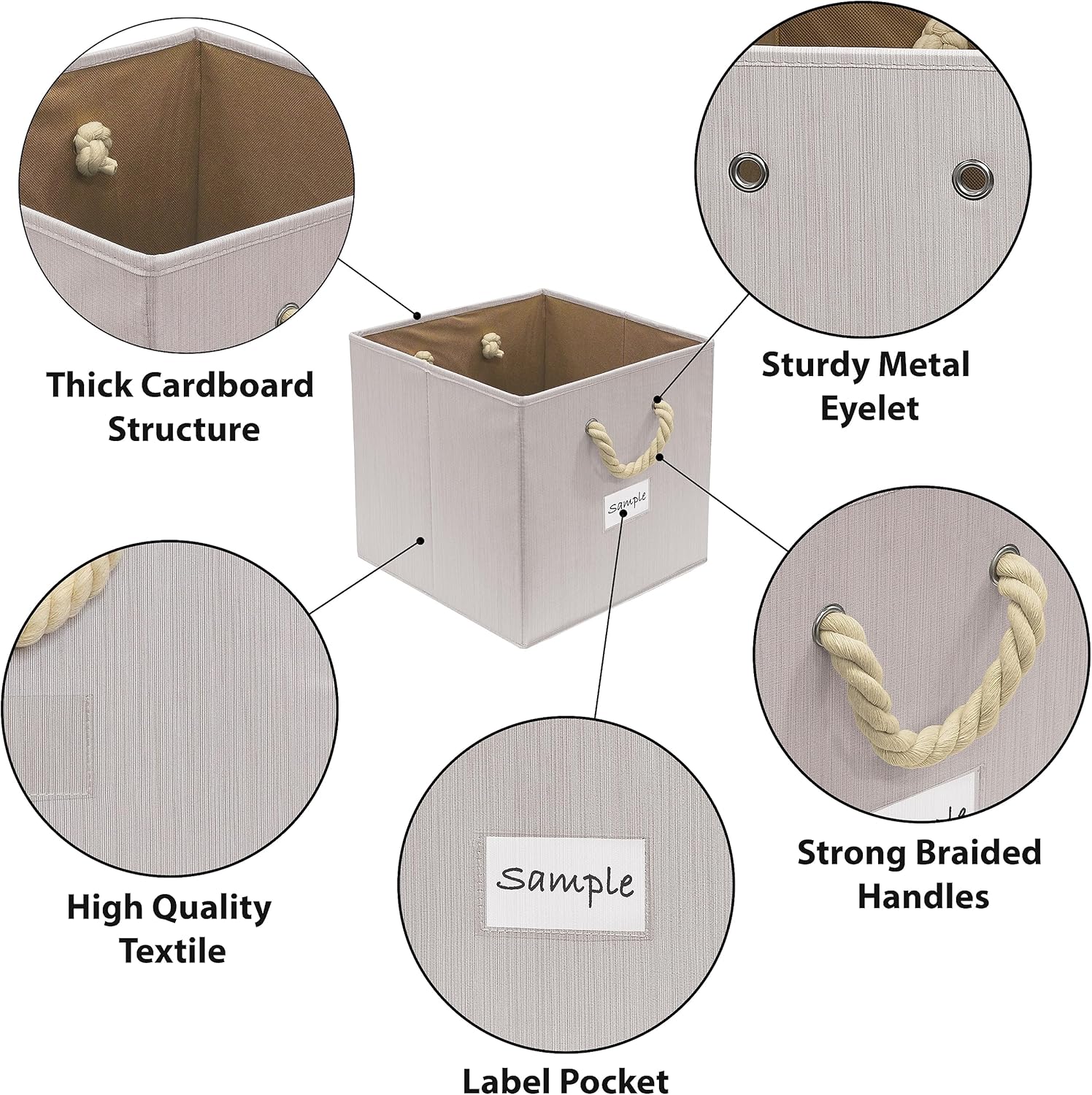 Simple Houseware 13-Inch Cube Storage Bins - Braided Handles, Set of 3, Ivory Color