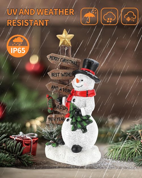 iStatue Merry Christmas Snowman Sign - Resin Tabletop Decoration with Mini Tree & Wooden Plaque | Holiday Home Decor Gift