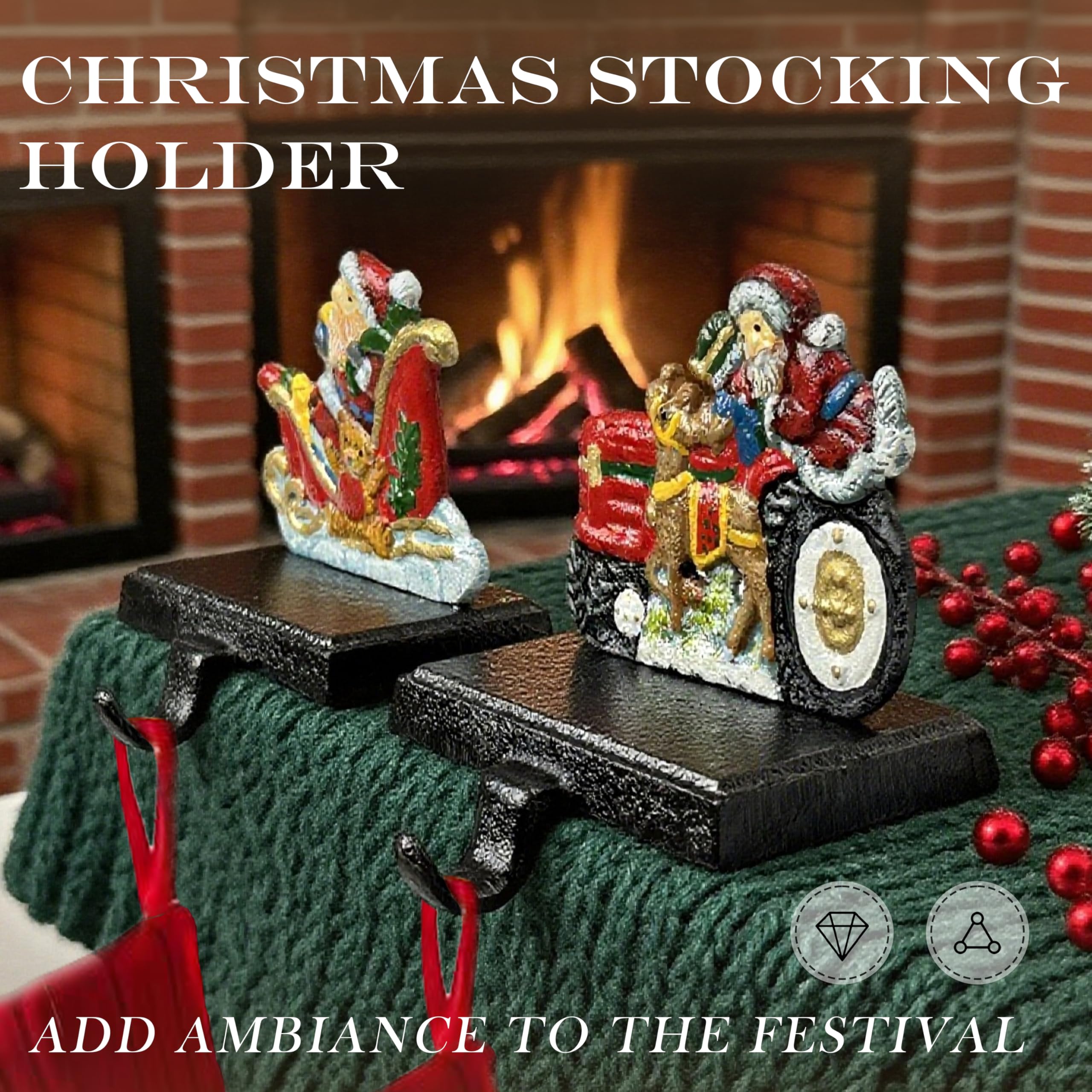 Linton Arts 2 Pack Cast Iron Christmas Stocking Holders for Mantle, Santa Claus Weighted Stocking Holder with Non-Slip Base, Vintage Ornament Hooks (Christmas Stocking Holders)