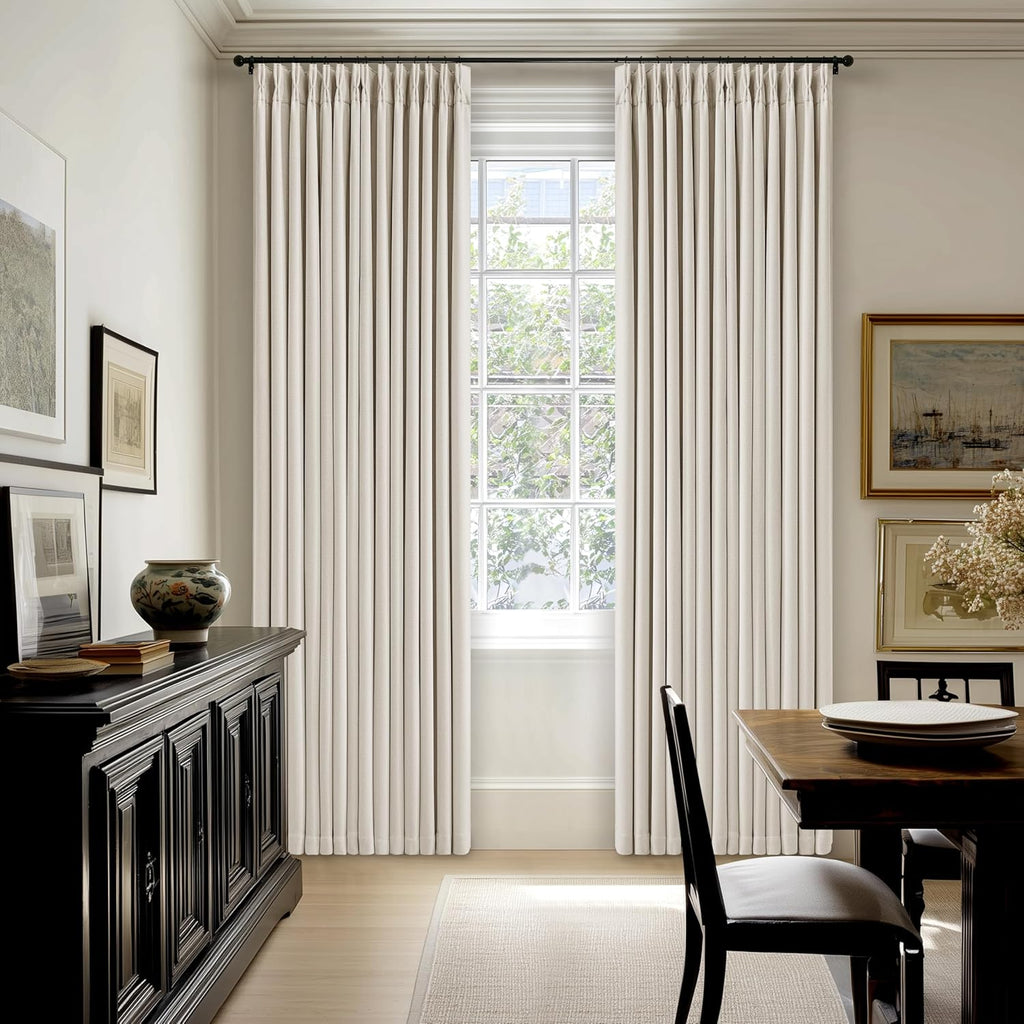 Skiennix 100% Blackout Linen Curtains - Pinch Pleat Design | 96 Inch Length, Cream Ivory Color, 2 Panels