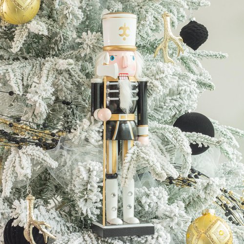 KI Store Black and White Christmas Nutcracker 15-Inch Set of 4 Wooden King and Soldier Nutcracker Figurine Display Set for Christmas Decorations