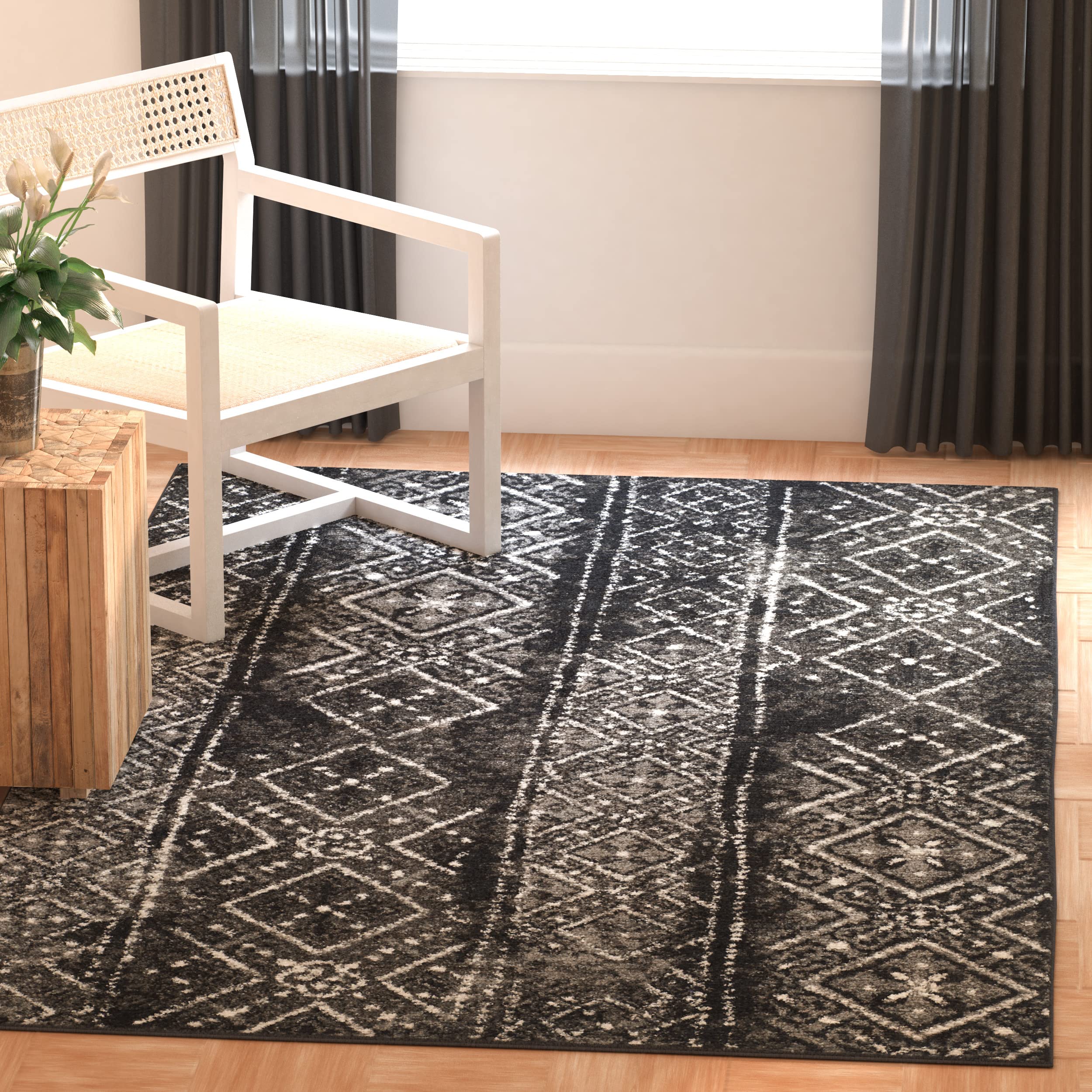 SAFAVIEH Adirondack Collection Area Rug - 4' Square, Black & Silver, Moroccan Boho Distressed Design, Non-Shedding & Easy Care, Ideal for High Traffic Areas in Living Room, Bedroom (ADR111C)