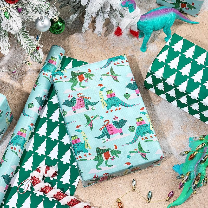 Reversible Christmas Dinosaur Wrapping Paper Roll - 17in x 16.4ft, Blue/Green with Dino & Tree Design (Variation: Christmas Dinosaur & Plaid+17 in x 16.4 ft)