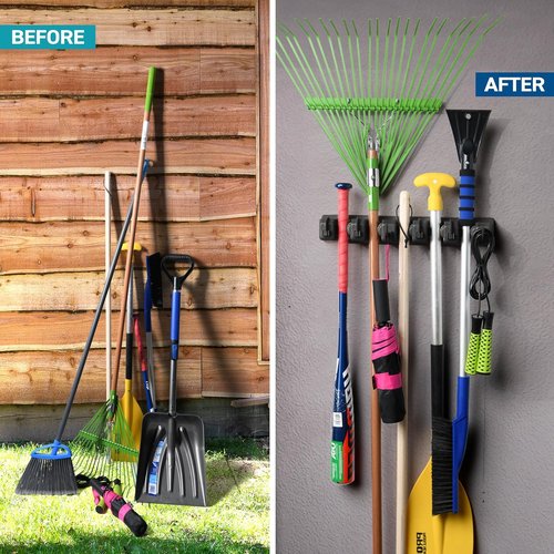 2 Pack Mop and Broom Holder by Home Organizers - Wall Mount Storage with 5 Slots & 6 Hooks - Ideal for Home, Kitchen, Laundry Room - Black