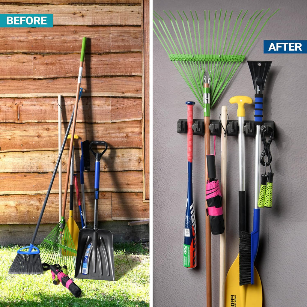 Skiennix Mop and Broom Holder Wall Mount - 5 Slots & 6 Hooks for Efficient Garage Storage | Black Organizer