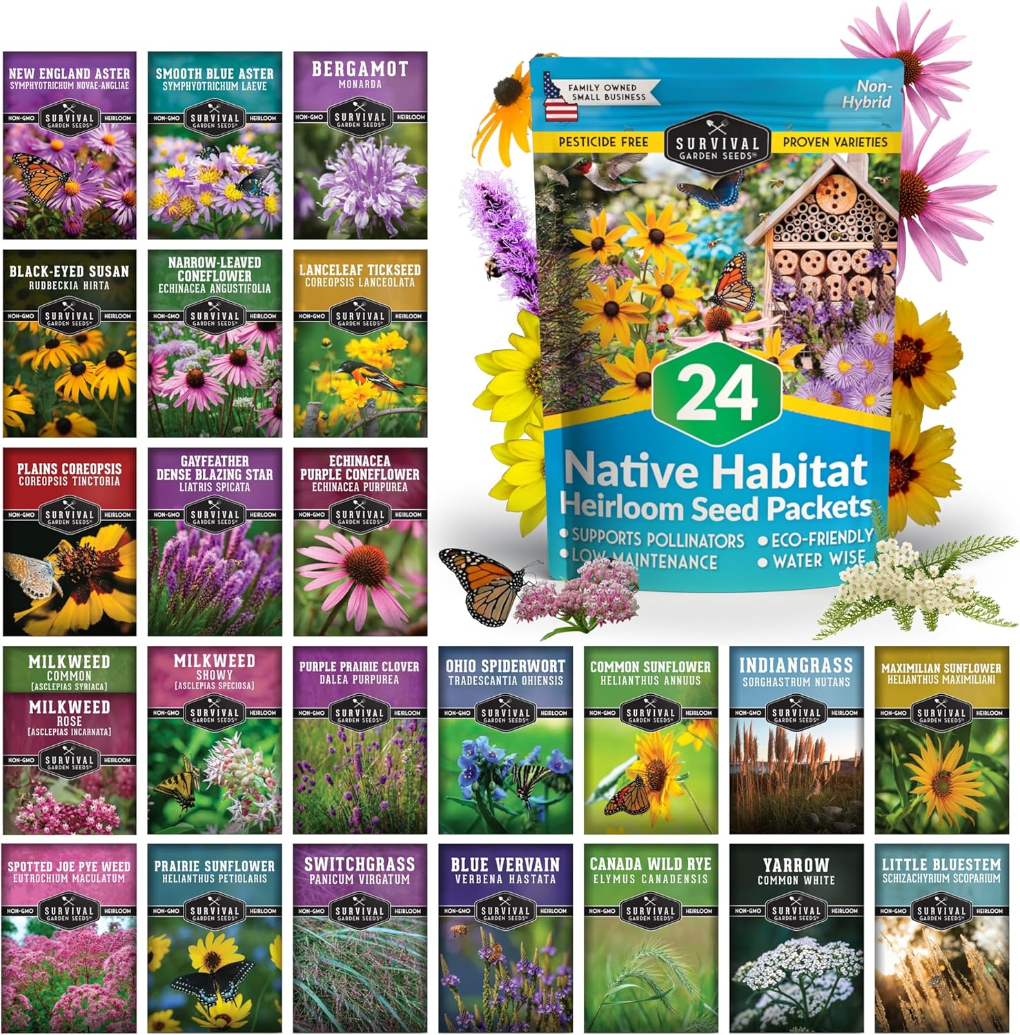 Native Wildflower Seeds | 24 Variety Pack for Butterfly & Bee-Friendly Gardens - Non-GMO Heirloom