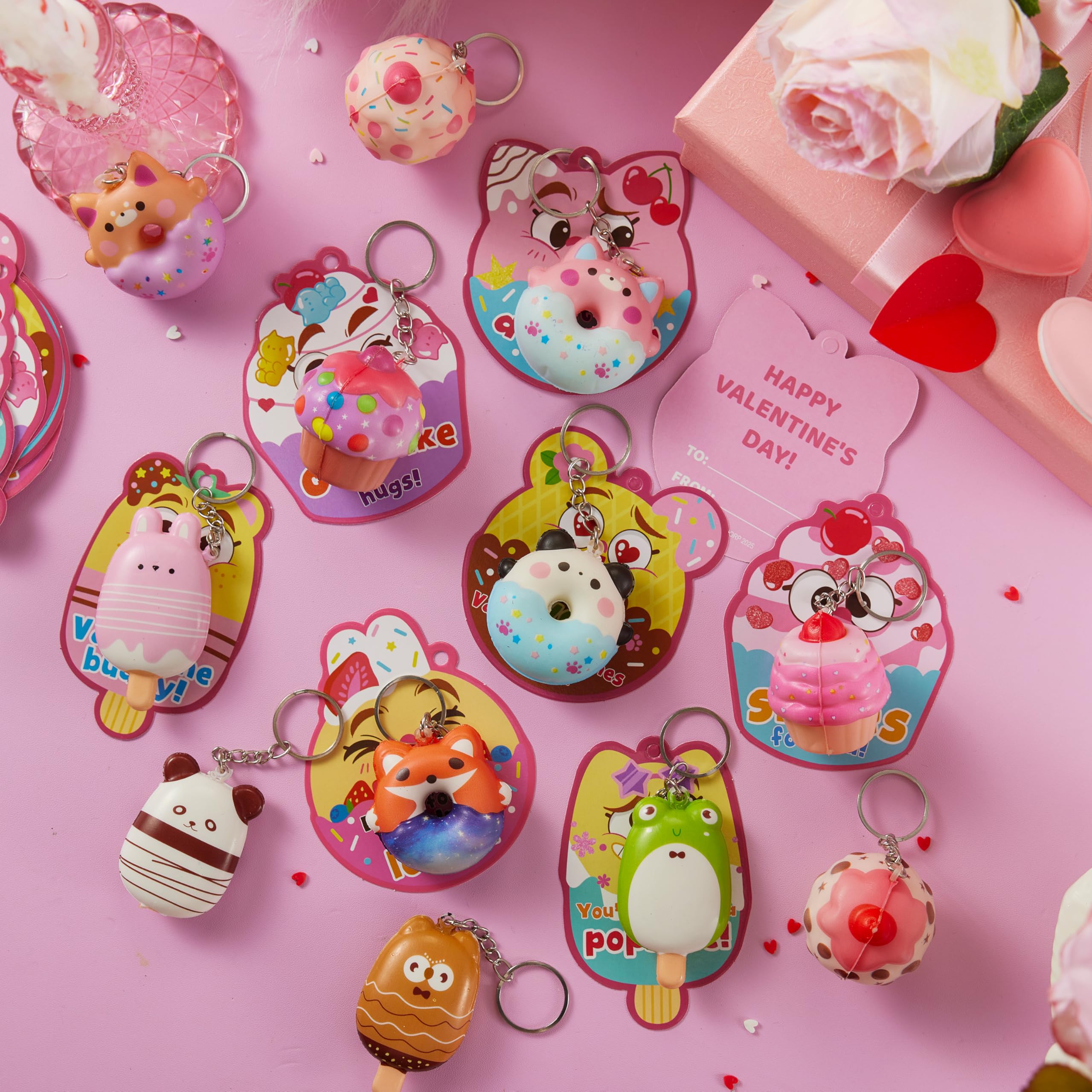 JOYIN 28 Packs Valentine Dessert squishy toys Stress Relief Keychains with Fun Dessert Cards, PU Donuts Squishy Toys, Cupcake & Popsicles Keychain, Slow-Rising Toy for Kids Classroom Gift Party Favor