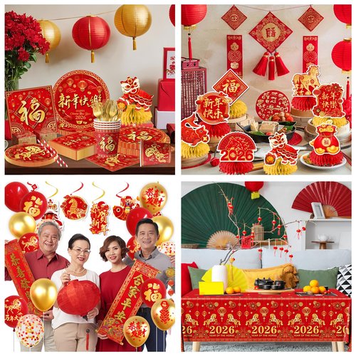 Chinese New Year Tableware,175pcs Chinese New Year Plates and Napkins Cups Tablecloth Banner Honeycomb for Lunar Year Horse Spring Festival