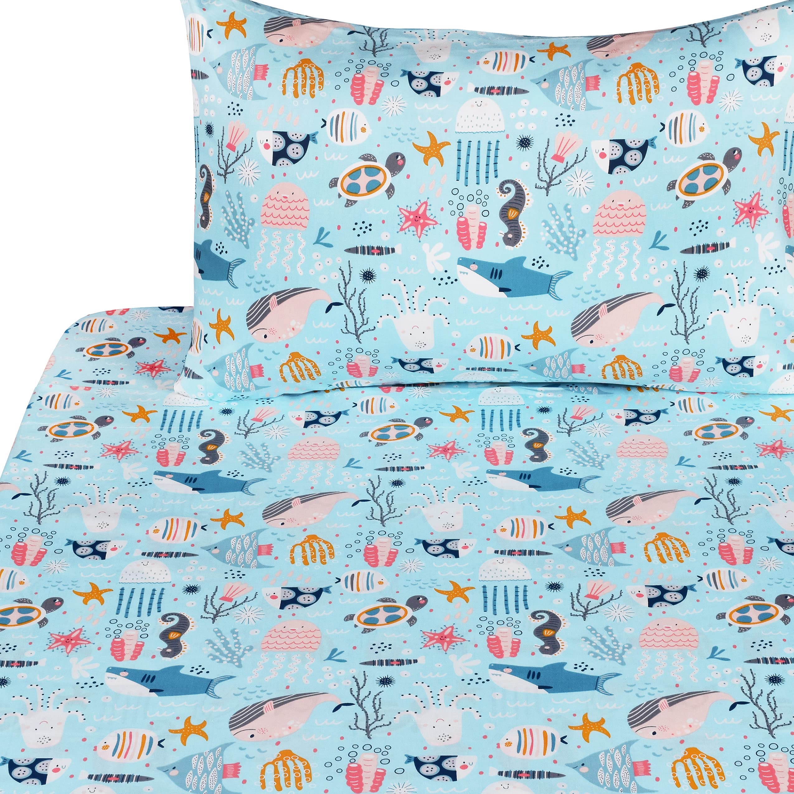 J-pinno Underwater Animals Sea Fishes Turtle Shark Dolphin Twin Sheet Set Gift 100% Cotton Flat Sheet + Fitted Sheet + Pillowcase Bedding Set for Unisex Boys Girls