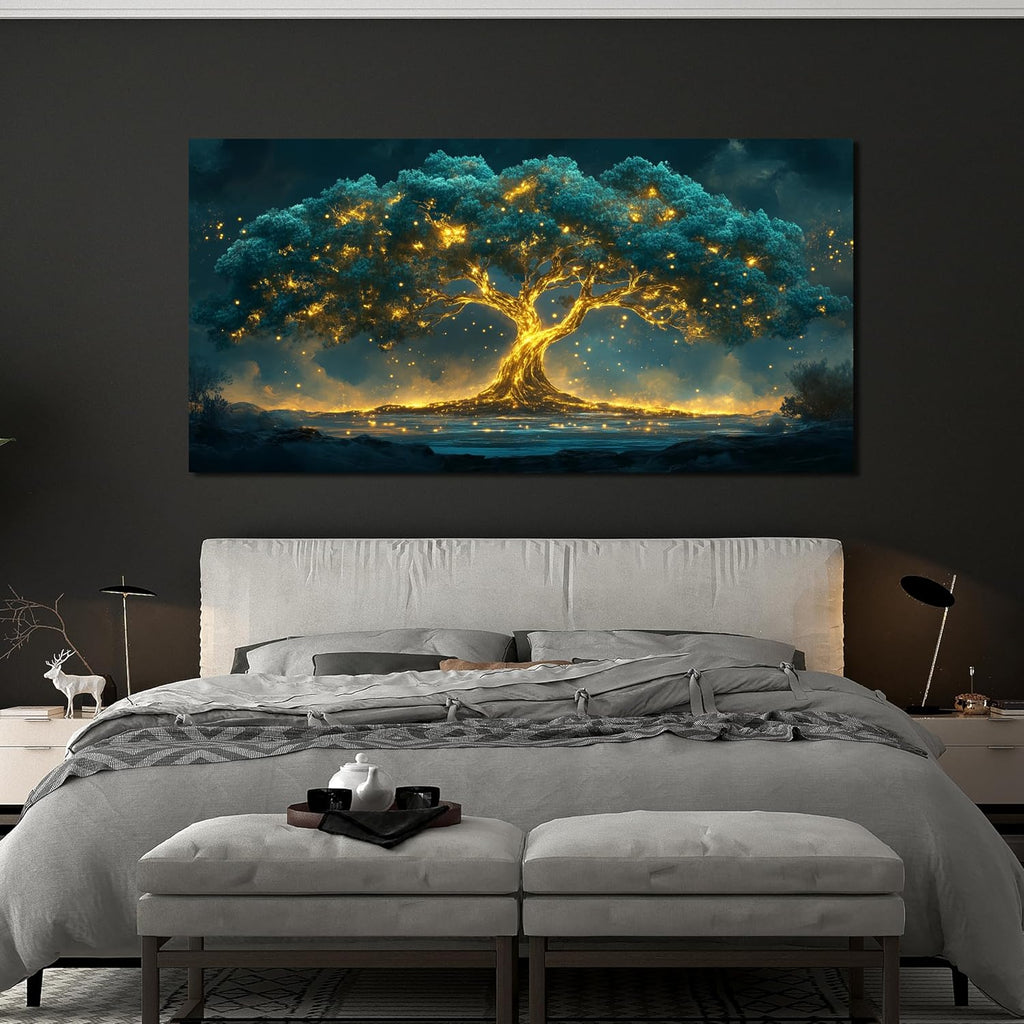 Skiennix Canvas Wall Art - Tree of Life Design in Green & Gold | 20" X 40" for Living Room Decor