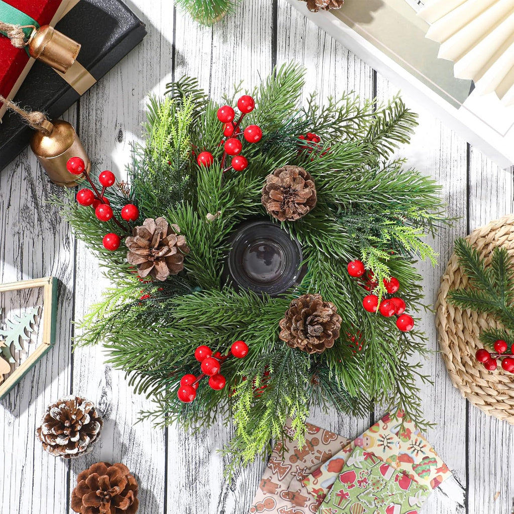 Mumufy Christmas Centerpiece Candle Holder - 12-Inch Mini Tabletop Decoration with Pine Cones & Red Berries