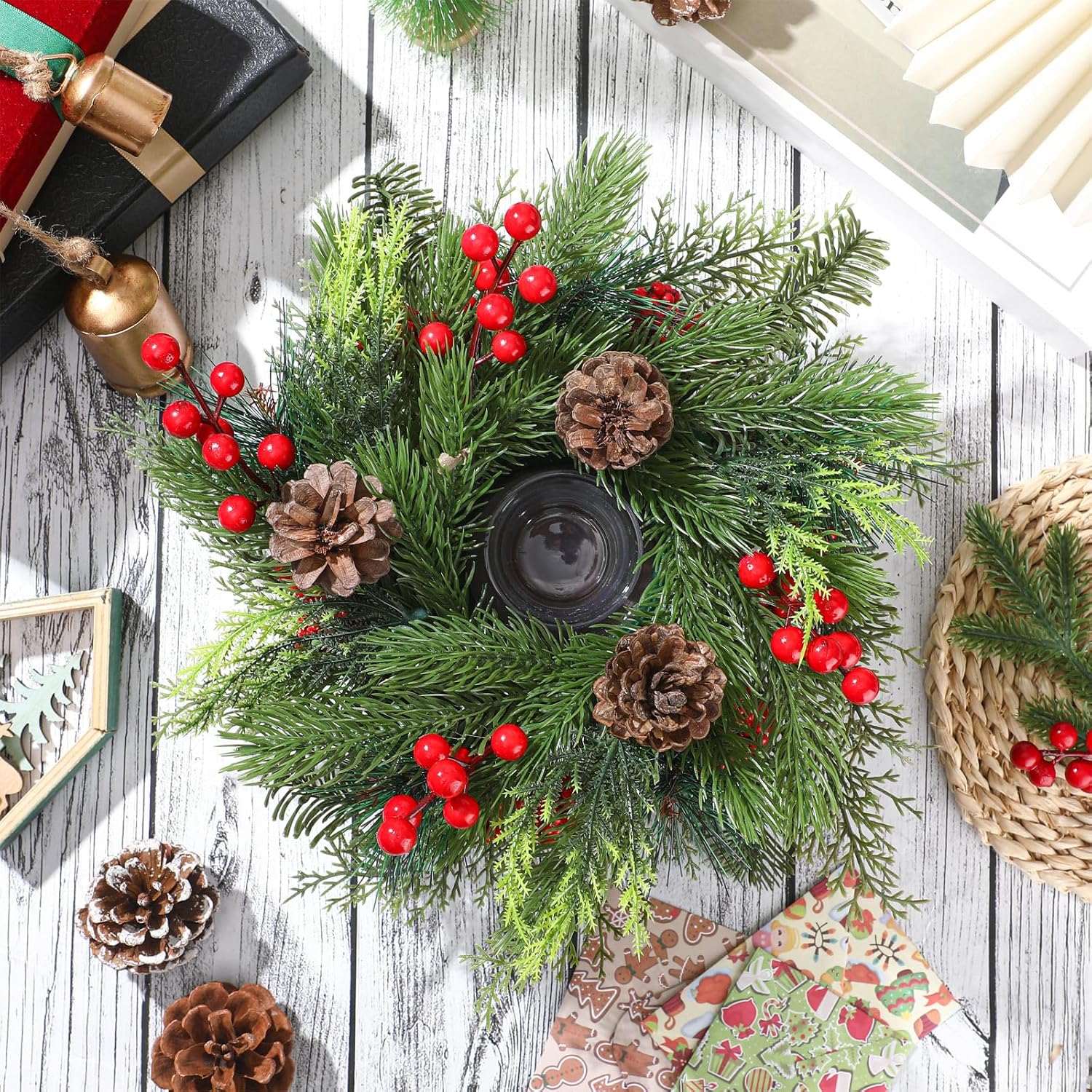 Mumufy Christmas Centerpiece Candle Holder - 12-Inch Mini Tabletop Decoration with Pine Cones & Red Berries