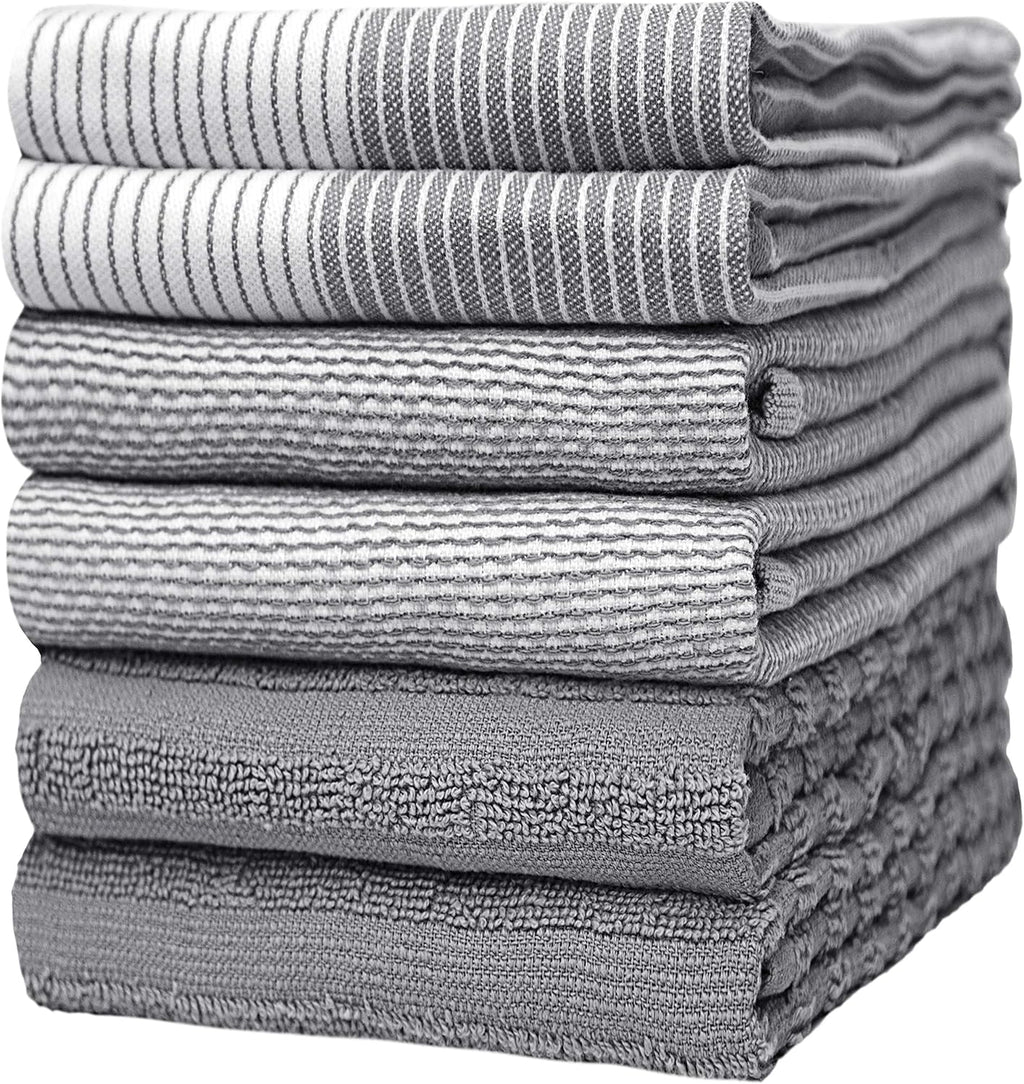 Premium Kitchen Towels - Highly Absorbent Cotton Dish Towels (20”x28”, 6 Pack) | Gray with Hanging Loop