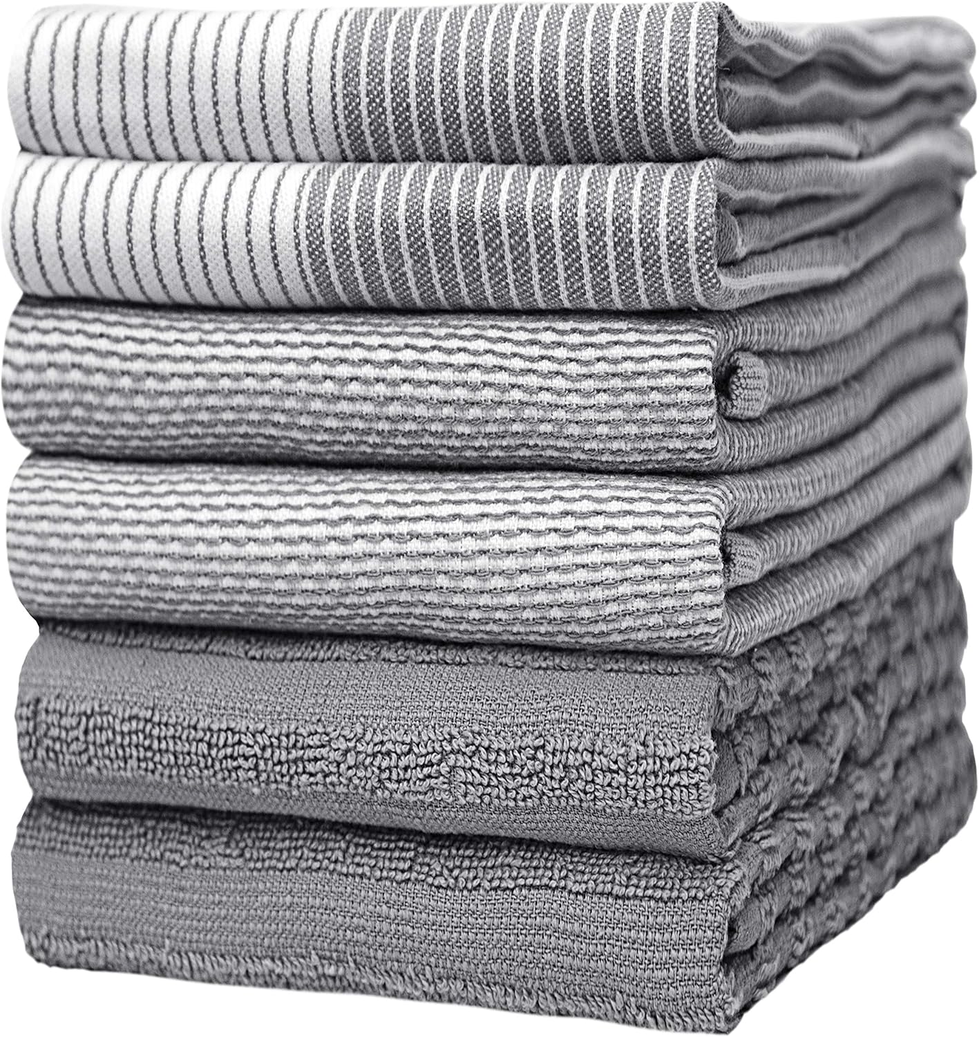 Premium Kitchen Towels - Highly Absorbent Cotton Dish Towels (20”x28”, 6 Pack) | Gray with Hanging Loop