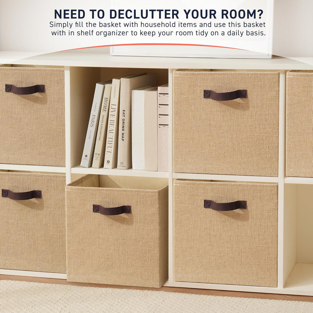Ornavo Home Storage Cube Bins - 10.5 x 10.5 Jute Baskets, 6 Pack, Foldable with Leather Handles