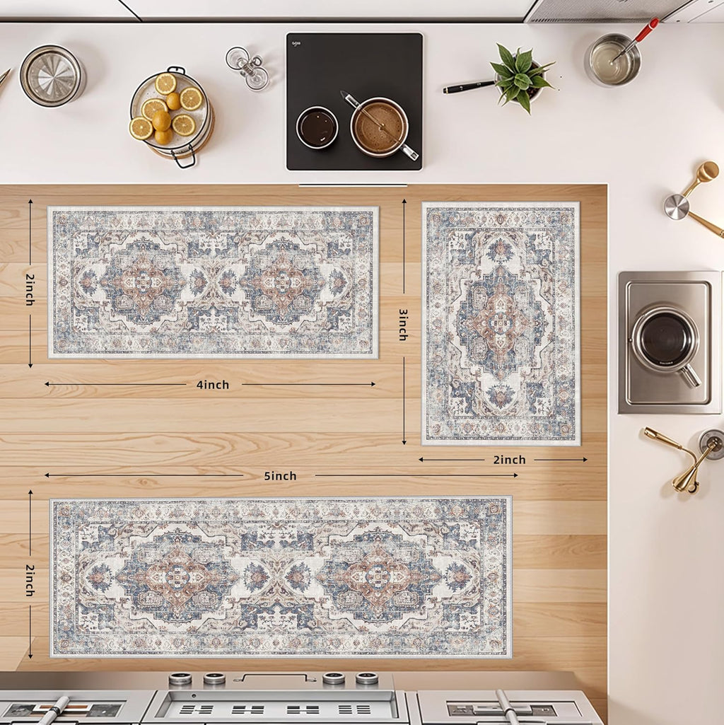 Skiennix Washable Kitchen Rug Set - Non-Slip, Soft & Stain Resistant Mats for Entryway | 3-Piece (2x3, 2x4, 2x5) in Brick