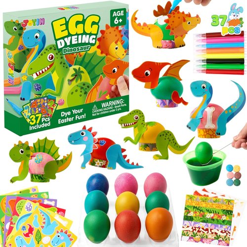 JOYIN 37 PCS Dinosaur Easter Egg Dye Kit - Fun Coloring Set with Dye Tablets & Stickers for Creative Egg Hunts