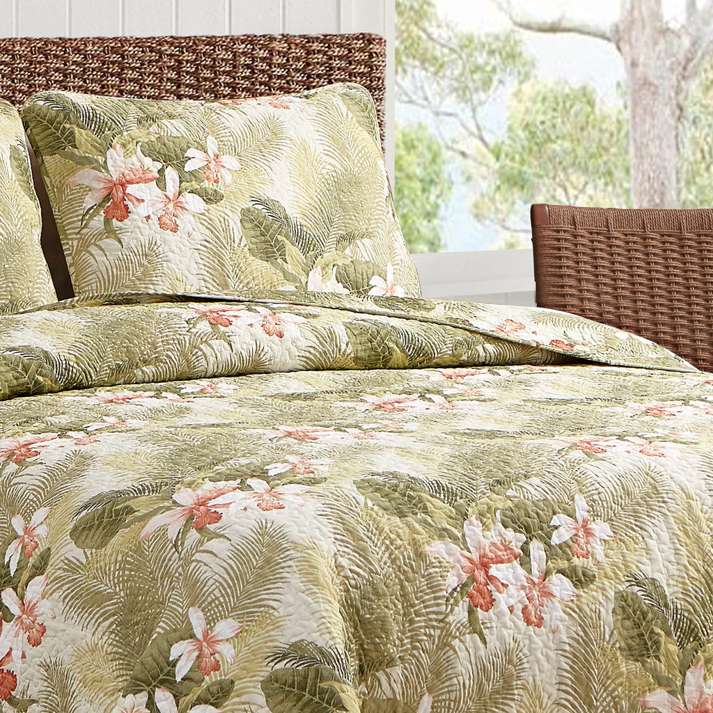 Tommy Bahama - King Quilt Set, Reversible Floral Bedding with Matching Shams, Bedding Set Seasons (Tropical Orchid Green, King)