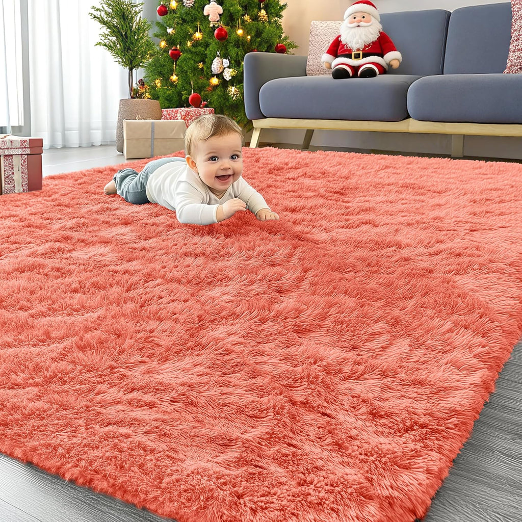 OLANLY Large Area Rug - Soft Fluffy Shaggy Carpet for Living Room & Bedroom | 5x8 Coral Red