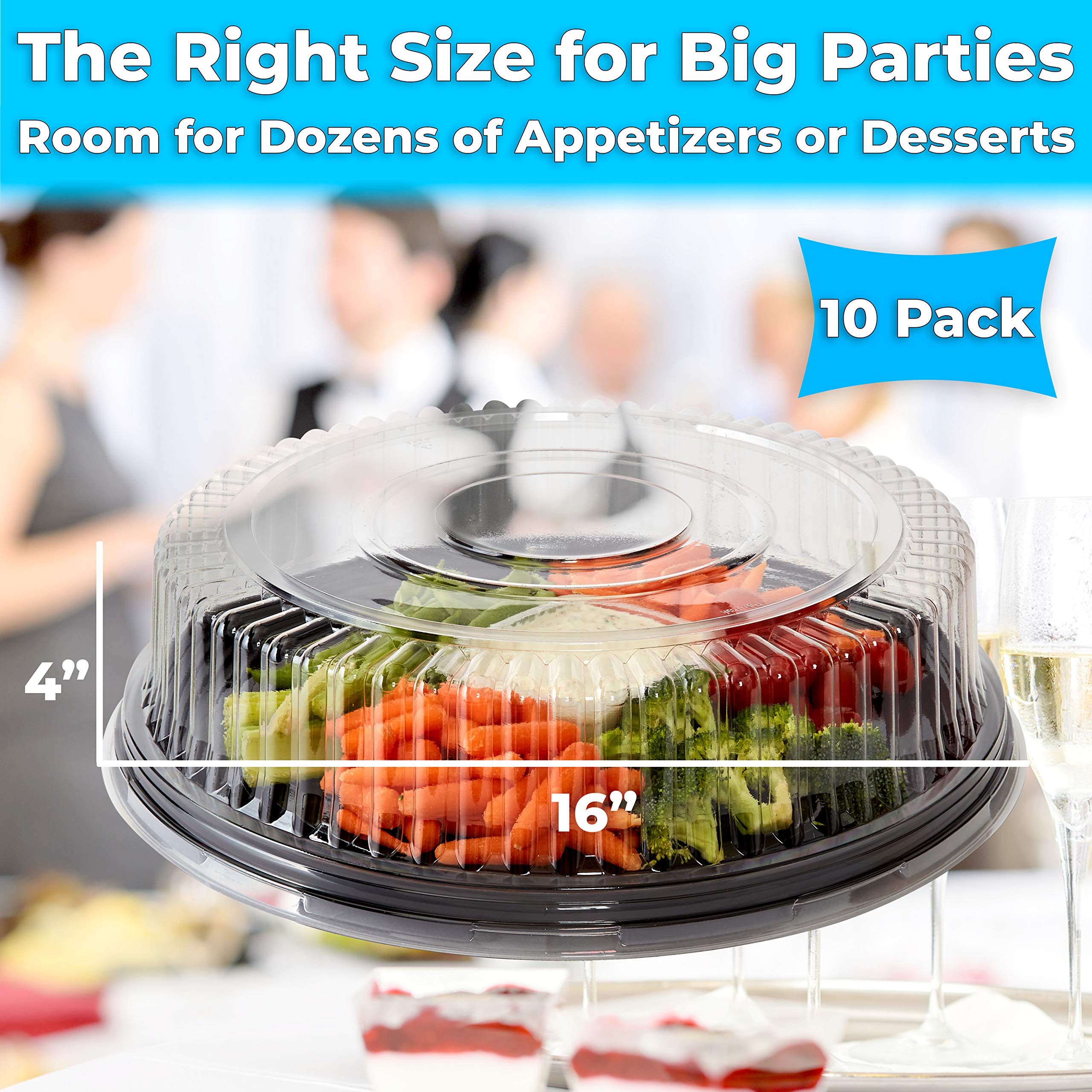 Avant Grub Heavy Duty, Recyclable 16 in. Serving Tray and Lid 10pk. Large, Black Plastic Party Platters with Clear Lids Dishware Plate, Elegant Round Banquet or Catering Trays for Serving