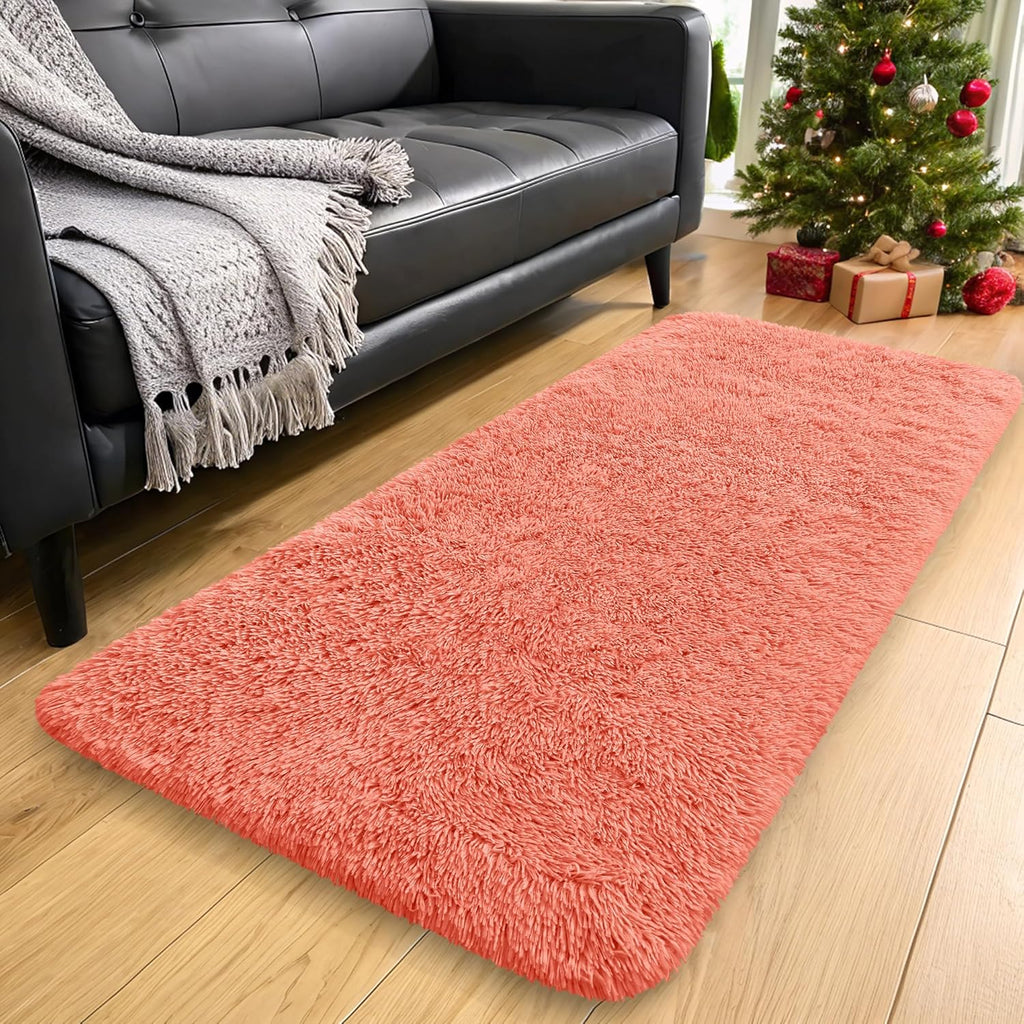 OLANLY Runner Rugs - Machine Washable Soft Fluffy Shaggy Design | Coral Red, Perfect for Hallways & Bedrooms