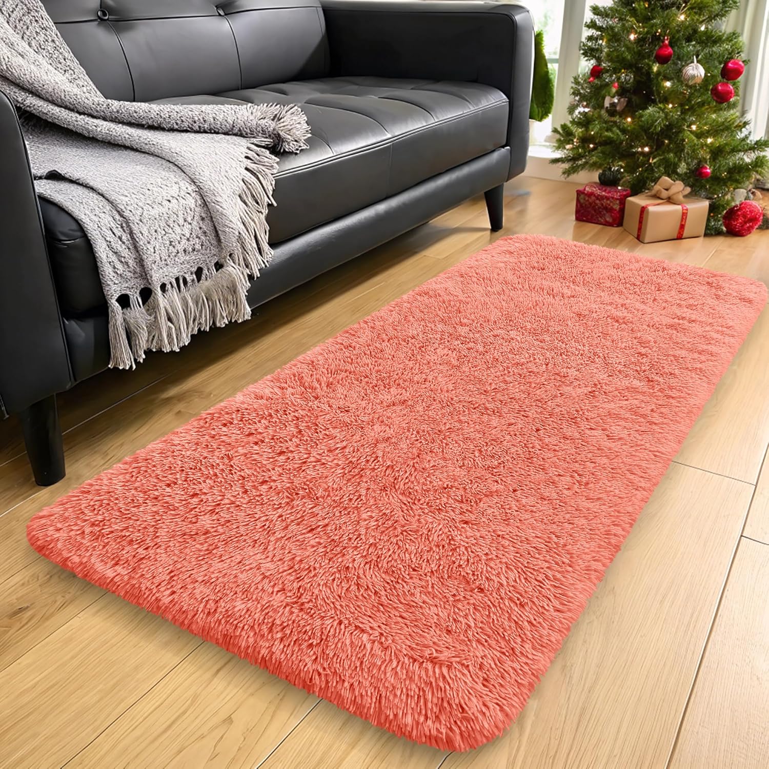 OLANLY Runner Rugs - Machine Washable Soft Fluffy Shaggy Design | Coral Red, Perfect for Hallways & Bedrooms