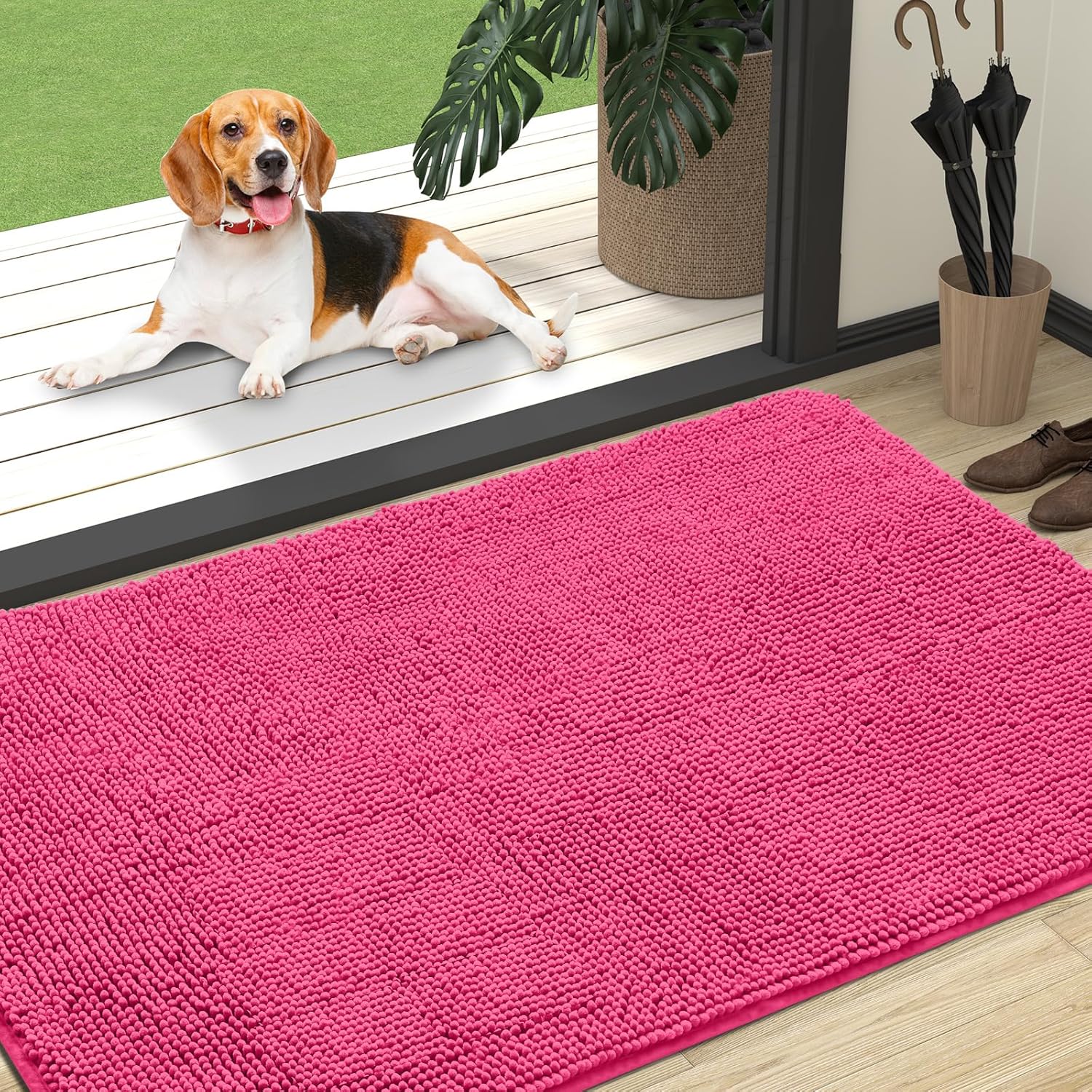 OLANLY Dog Door Mat - Absorbent Non-Slip Mud Mat for Dogs | Quick Dry Chenille, 47x32, Hot Pink
