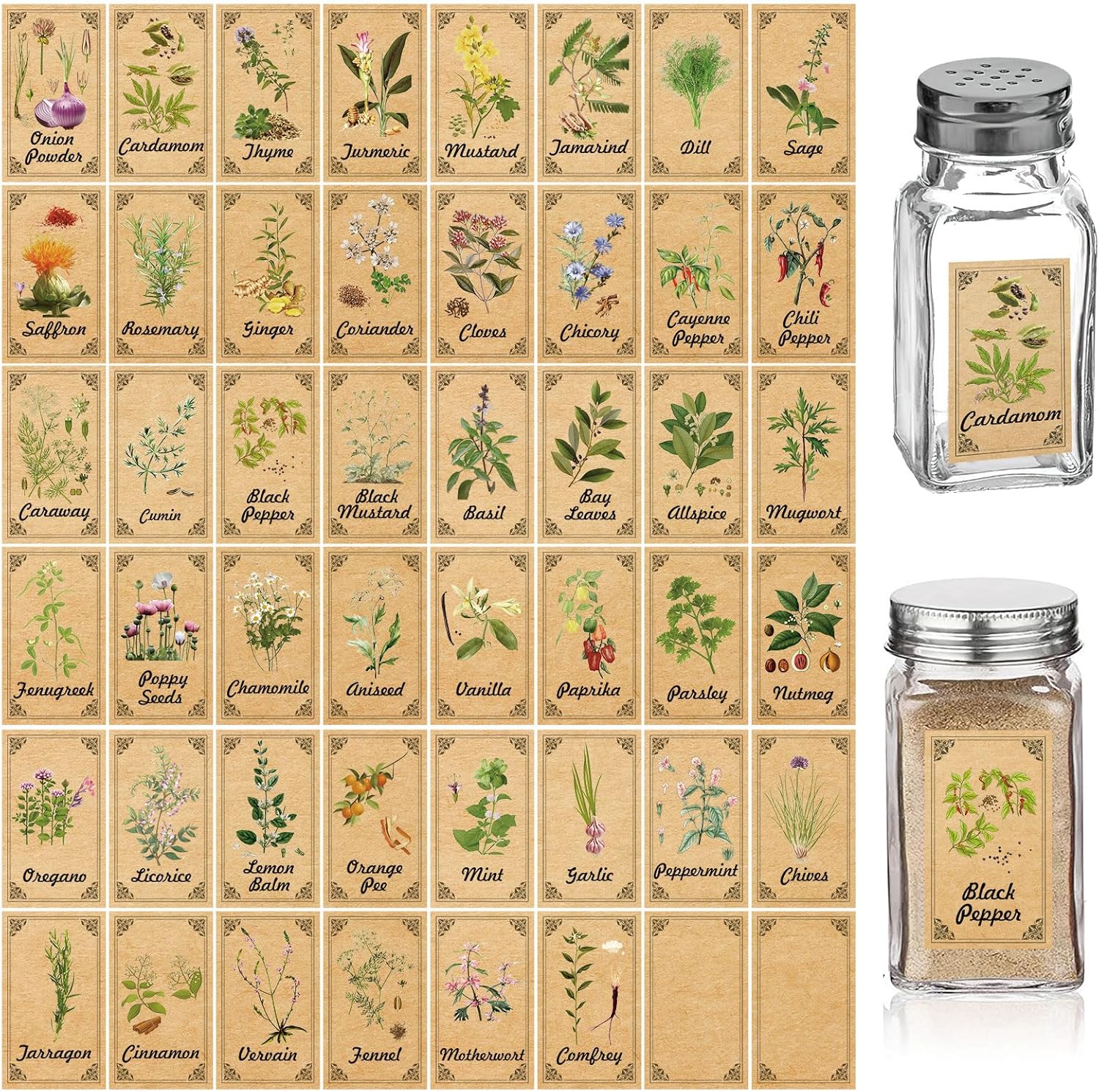 Skiennix 48PCS Herb & Spice Labels - Vintage Stickers for Jar Organization | 1.4"x2.4" Size