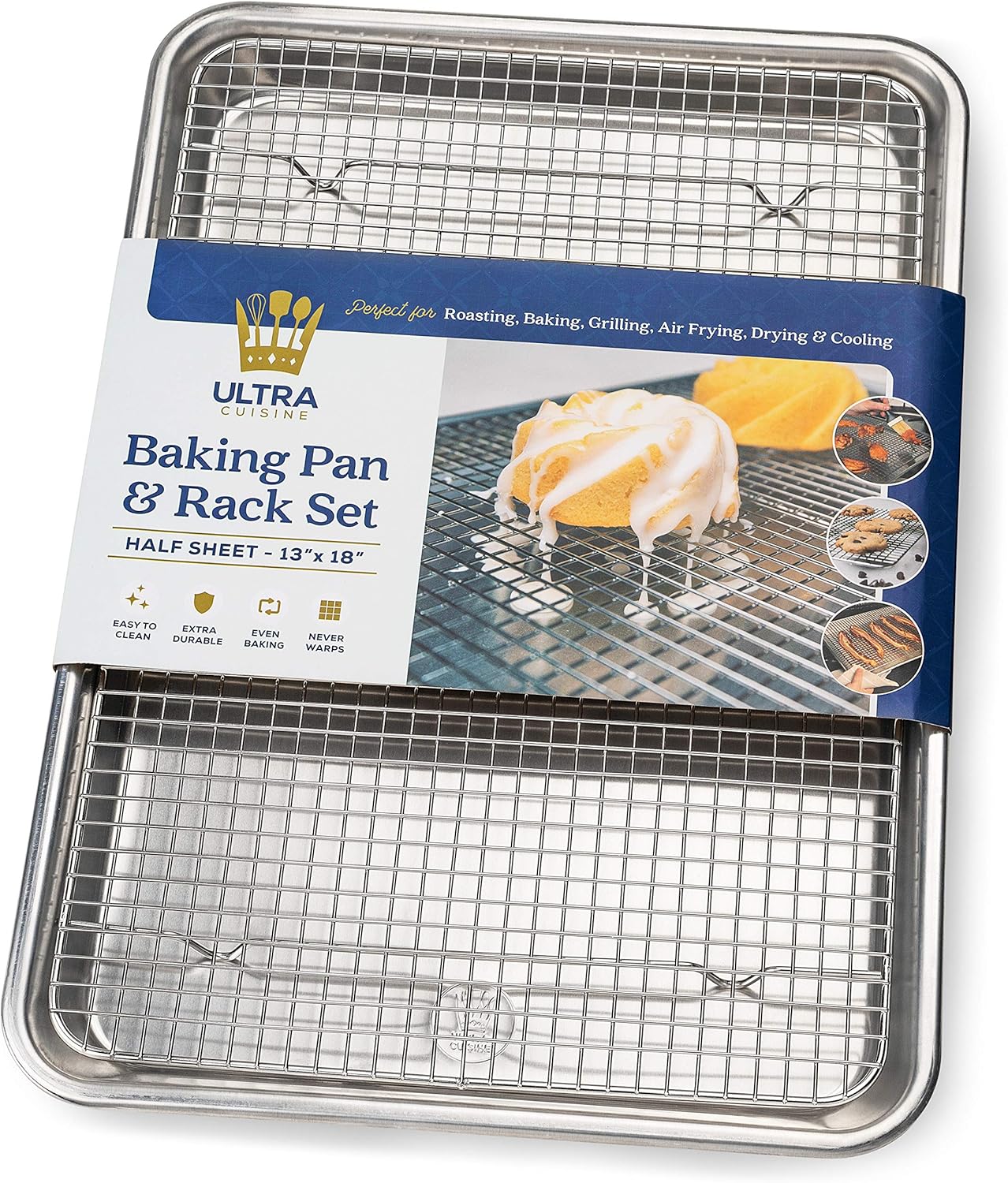 Ultra Cuisine Baking Sheet Set - Half Sheet Aluminum Pan with Stainless Steel Cooling Rack, 13 x 18 Inch, Easy Clean, Commercial Quality