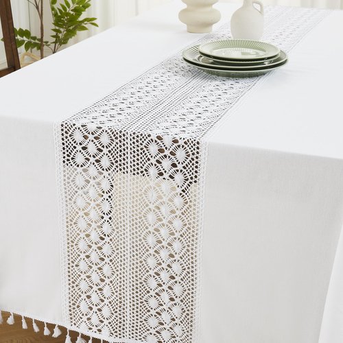 LinenZone 70 x 104 Inch White Rectangle Tablecloth with Flower Crochet Middle and Tassels for 8 to 10 People. Macrame Tablecloth for Bohemian Kitchen or Boho Dining Table (Zara 70 x 104, White)