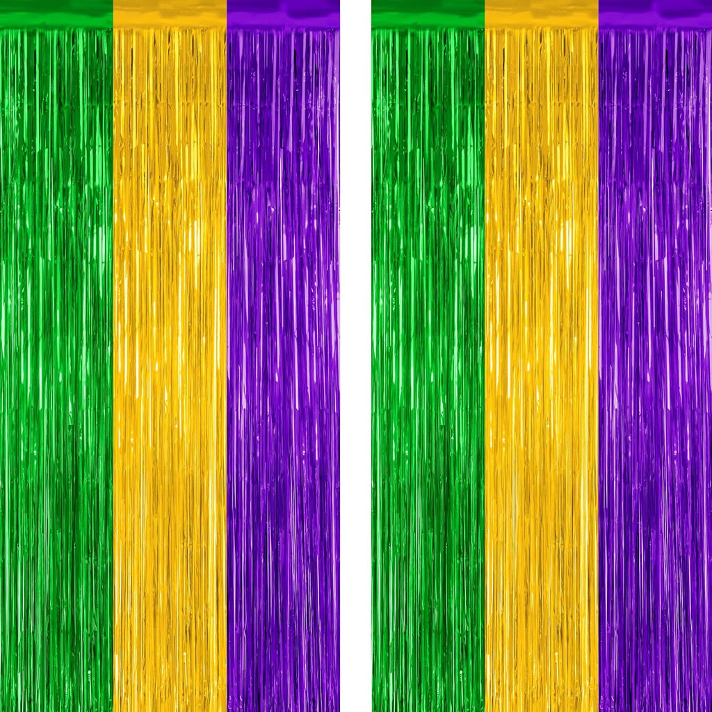 Skiennix Mardi Gras Tinsel Backdrop - 2 Pack Metallic Fringe Curtain | 3.28 FT x 7.05 FT, Purple Gold Green