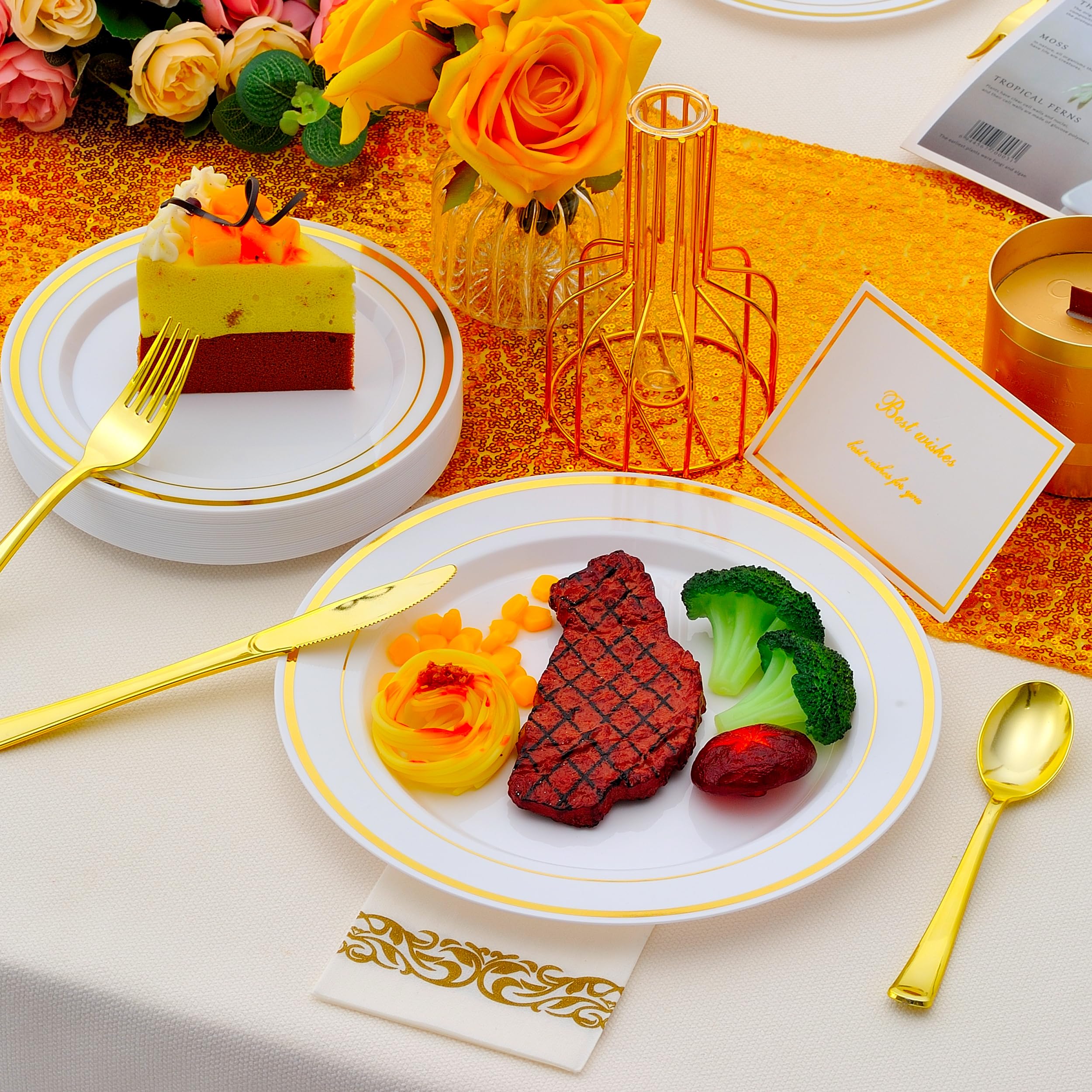 ISFANGCO 700 PCS Gold Plastic Dinnerware for 100 Guests, Gold and White Disposable Plates include 100 Dinner Plates,100 Dessert Plates,100 Silverware Set,100 Cups,100 Napkins