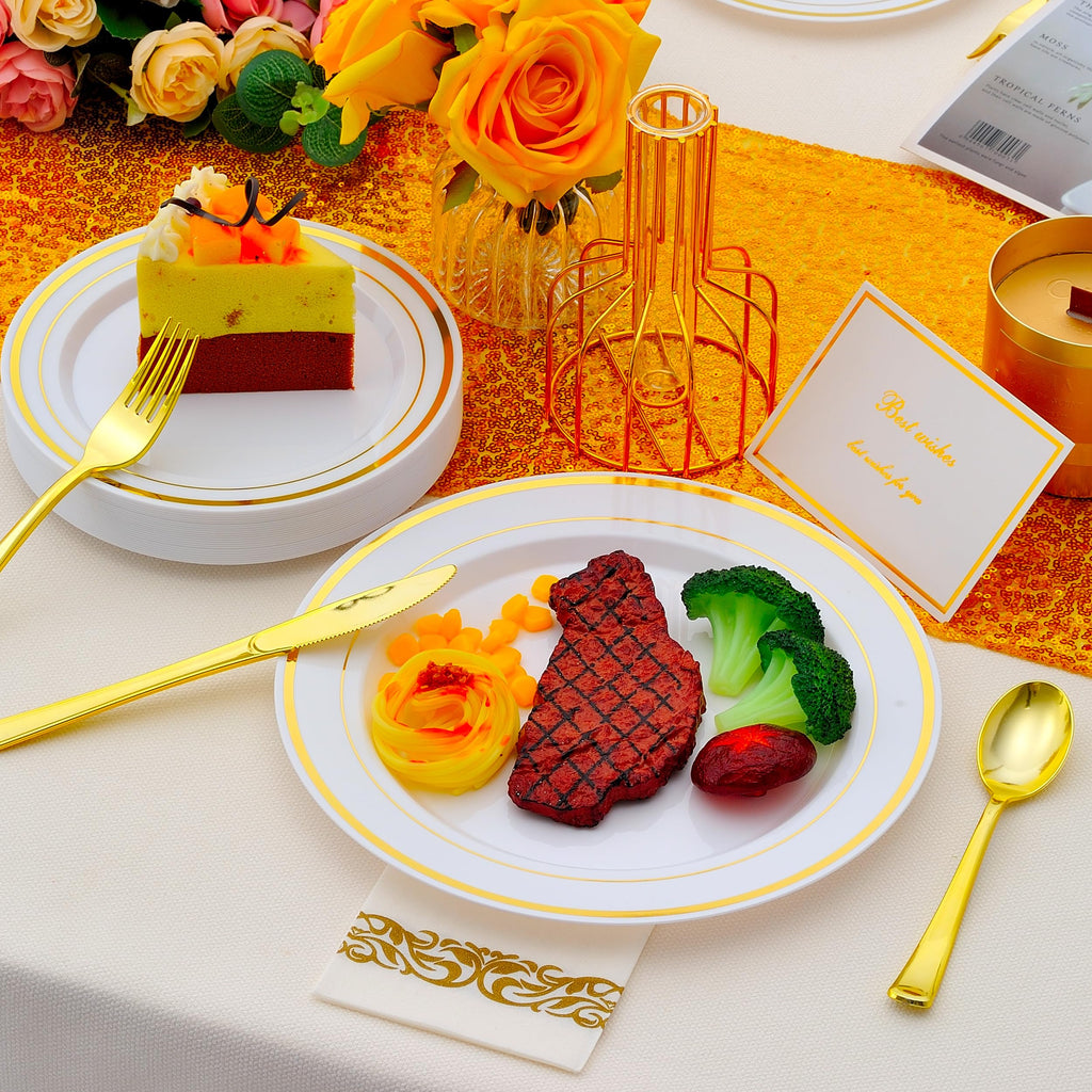 ISFANGCO 700 PCS Gold Plastic Dinnerware for 100 Guests, Gold and White Disposable Plates include 100 Dinner Plates,100 Dessert Plates,100 Silverware Set,100 Cups,100 Napkins