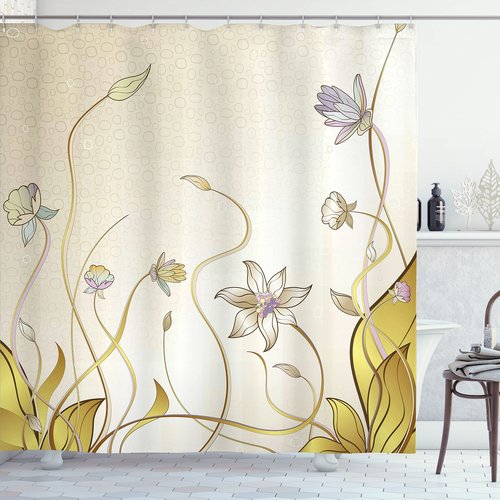 Ambesonne Abstract Shower Curtain, Flower Nature Theme Pattern Nice Lily Blossoms in Spring Pattern Print, Cloth Fabric Bathroom Decor Set with Hooks, 69" W x 70" L, Cream and Mustard