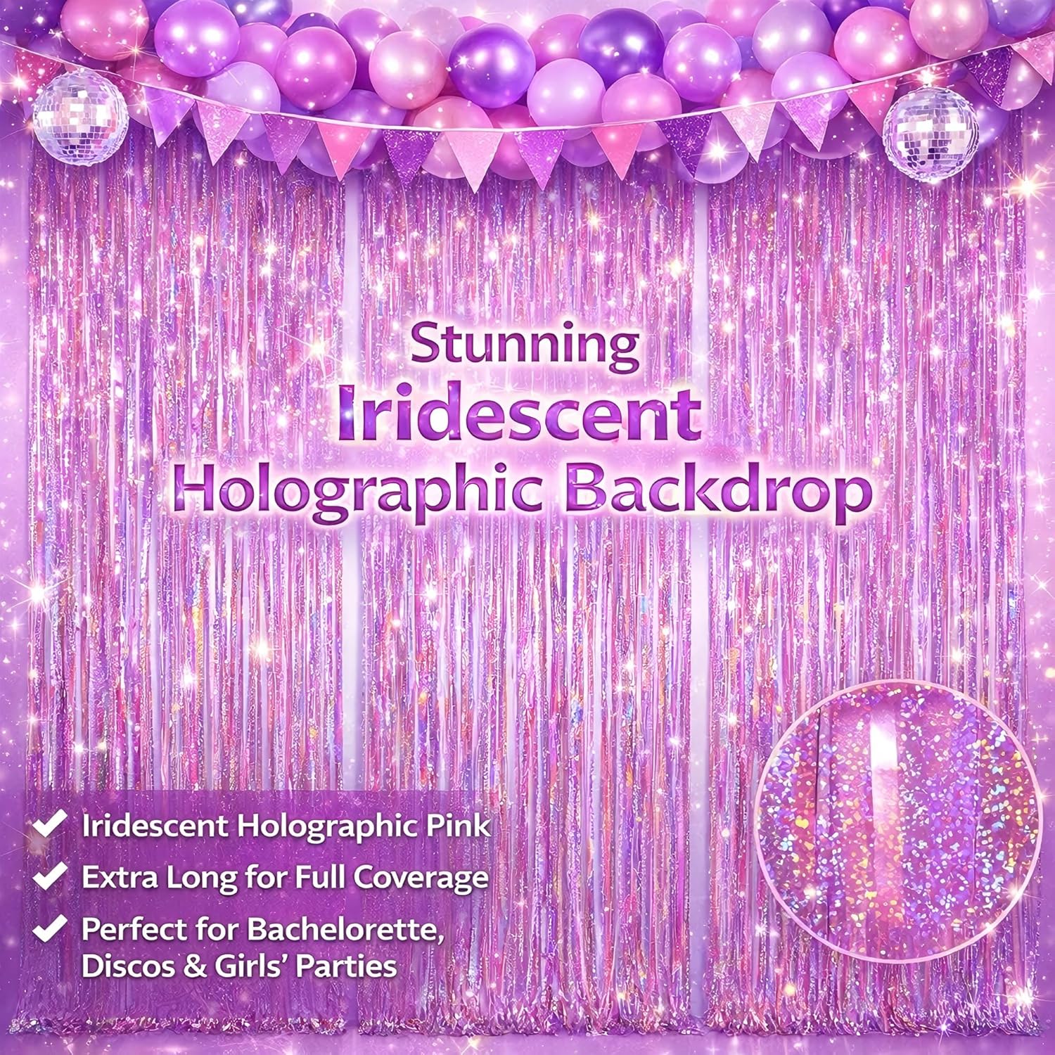 Melsan Pink Foil Fringe Curtain - Shiny Tinsel Backdrop for Bachelorette Parties | 3 Pack, 3.2 x 8.2 ft
