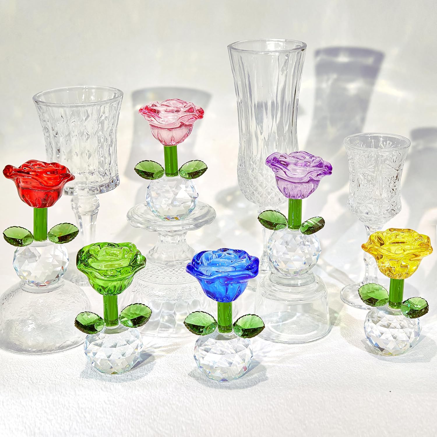 Regine Switzerland Crystal Glass Rose Flowers Figurines - Colorful Blown Glass Centerpieces | Set of 6 (3.5in)